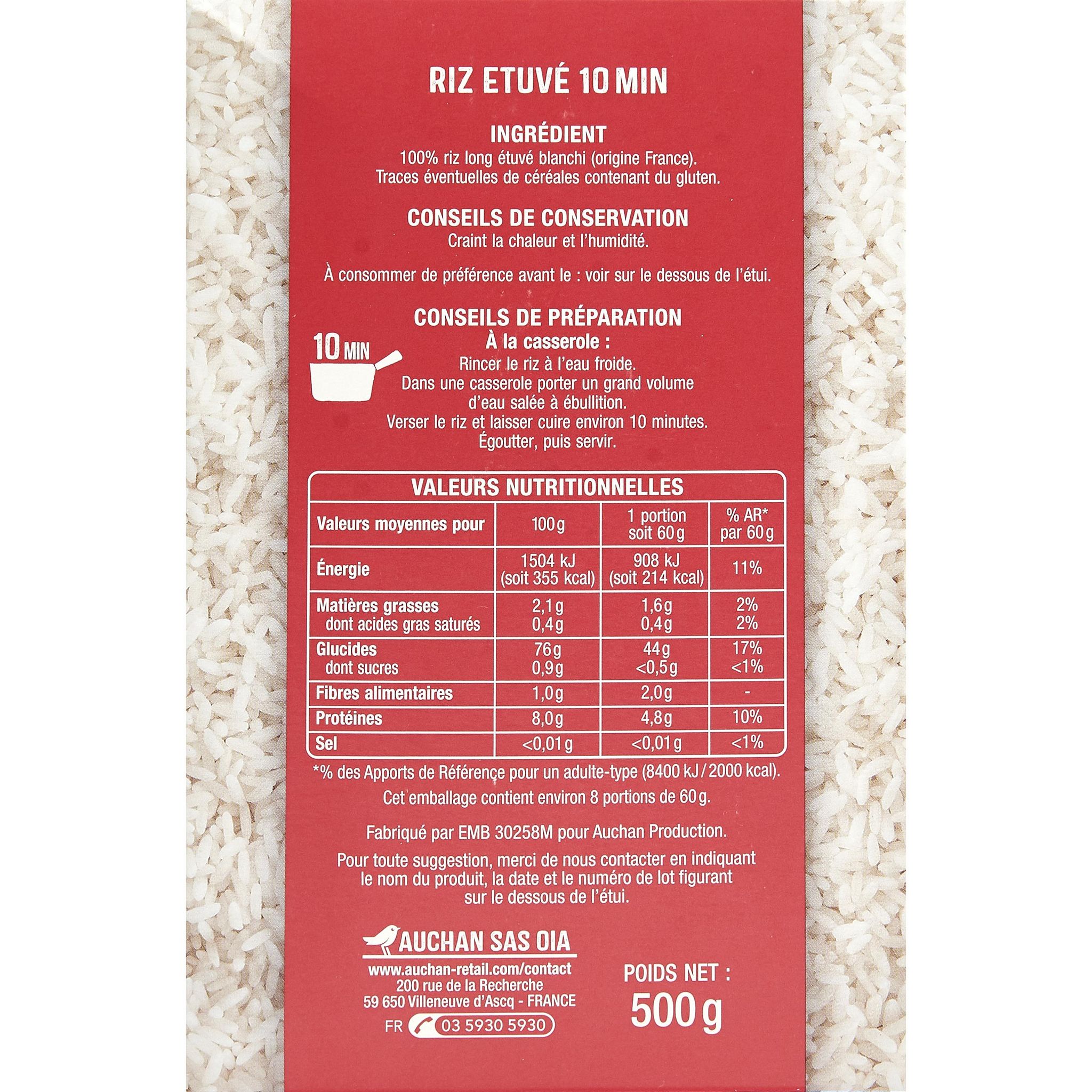 Voir la diapositive 2 : AUCHAN CULTIVONS LE BON Riz long incollable prêt en 10 minutes 500g