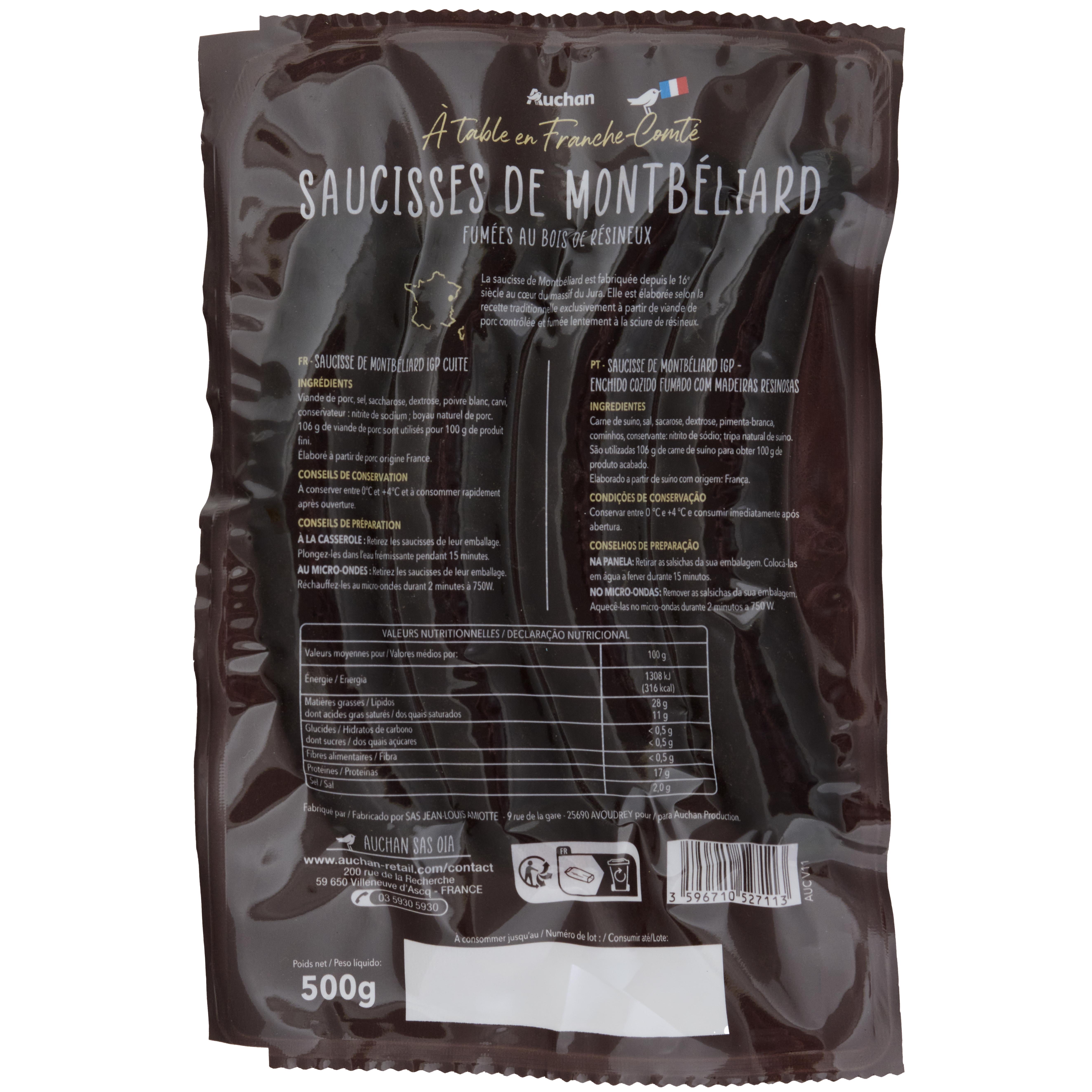 Voir la diapositive 2 : AUCHAN TERROIR Saucisses de Montbéliard IGP 4x125g