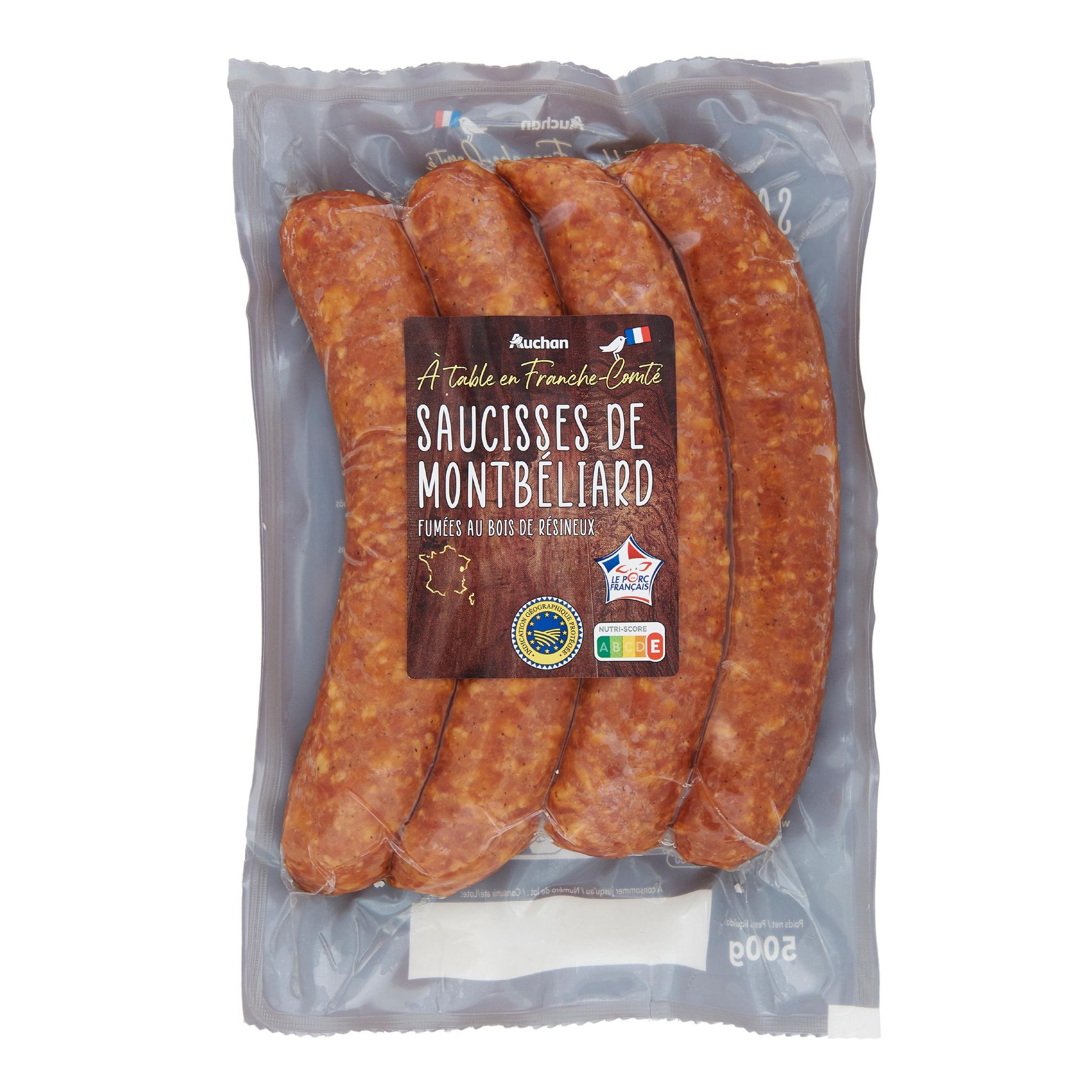 Voir la diapositive 2 : AUCHAN TERROIR Saucisses de Montbéliard IGP 4x125g