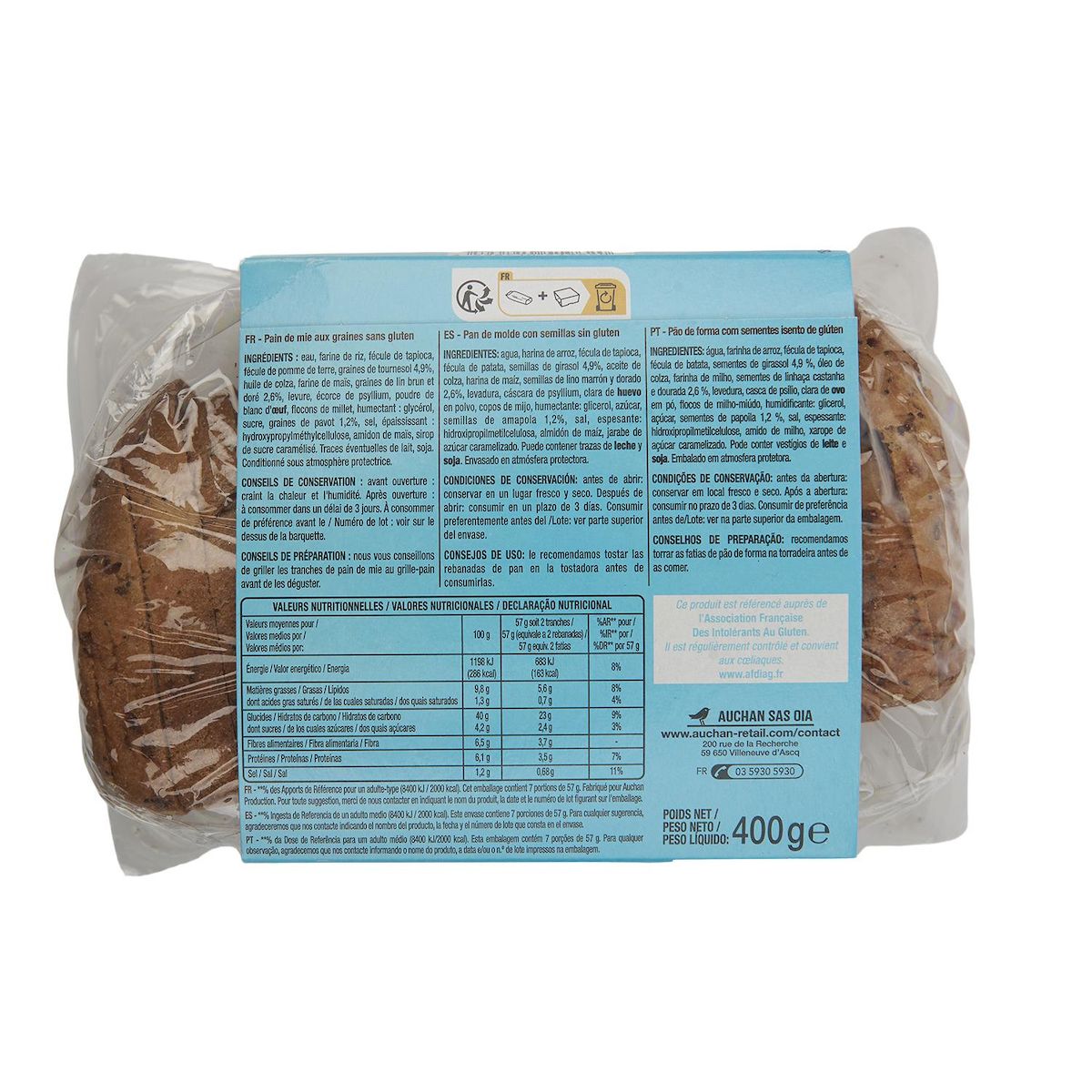 AUCHAN Pain de mie aux graines sans gluten 14 tranches 400g