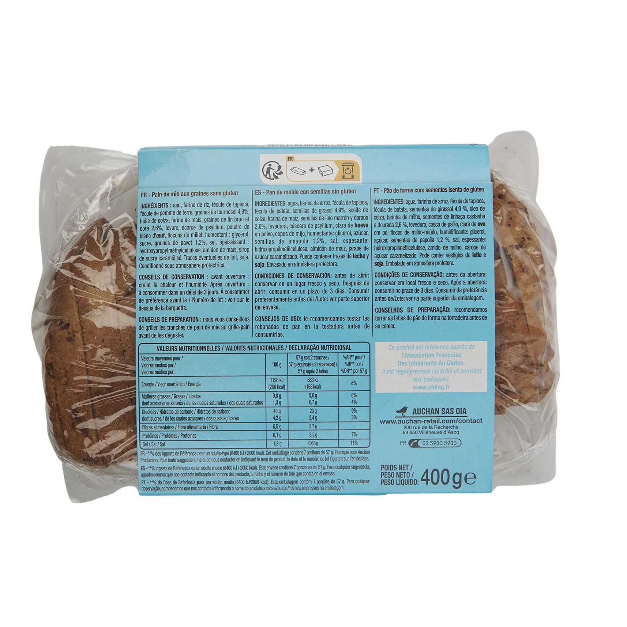 Voir la diapositive 3 : AUCHAN Pain de mie aux graines sans gluten 14 tranches 400g