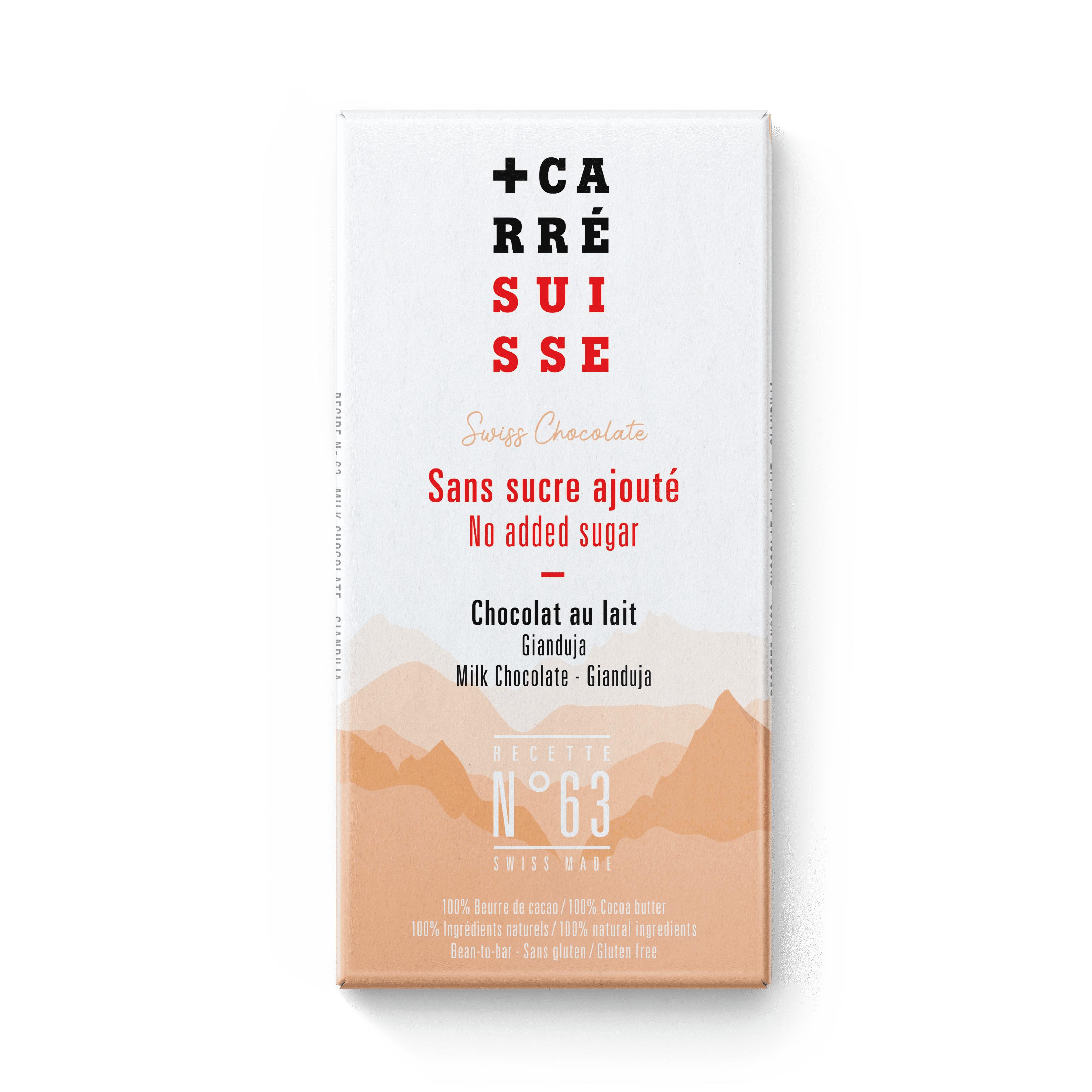 CARRE SUISSE Tablette de chocolat au lait Gianduja sans sucre ajouté 90g