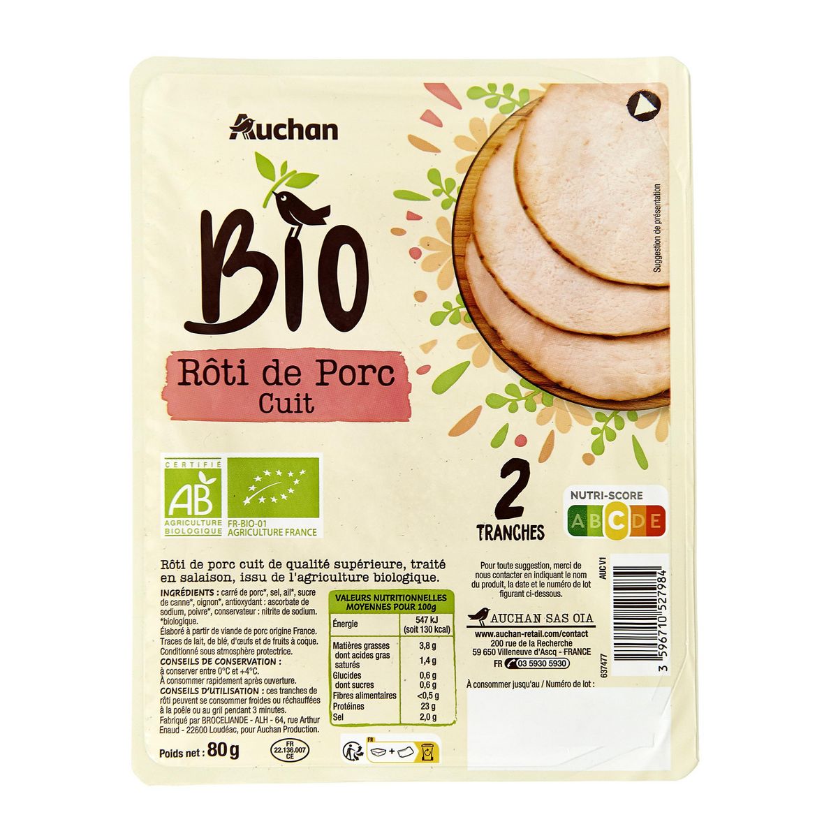 AUCHAN BIO Rôti de porc cuit en tranches 2 tranches 80g