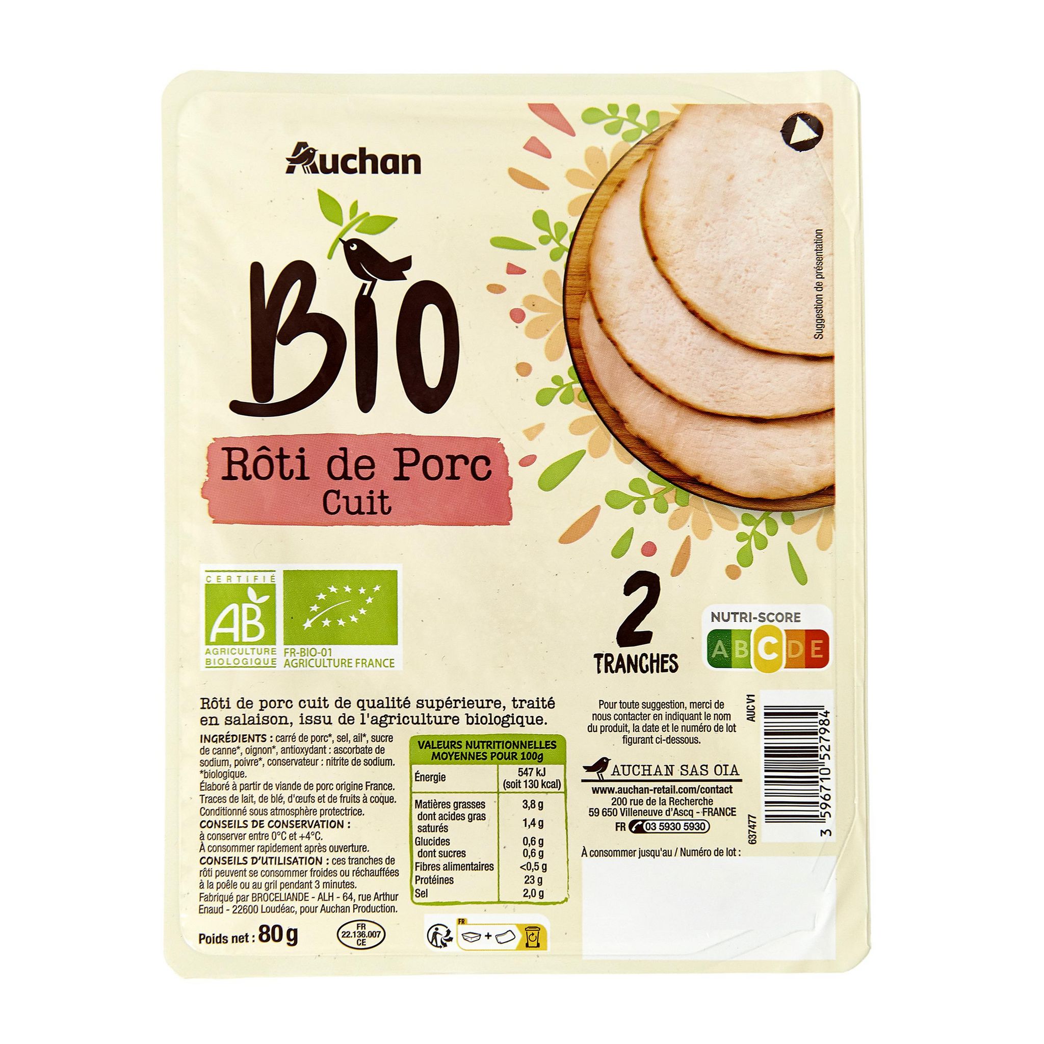 Voir la diapositive 2 : AUCHAN BIO Rôti de porc cuit en tranches 2 tranches 80g