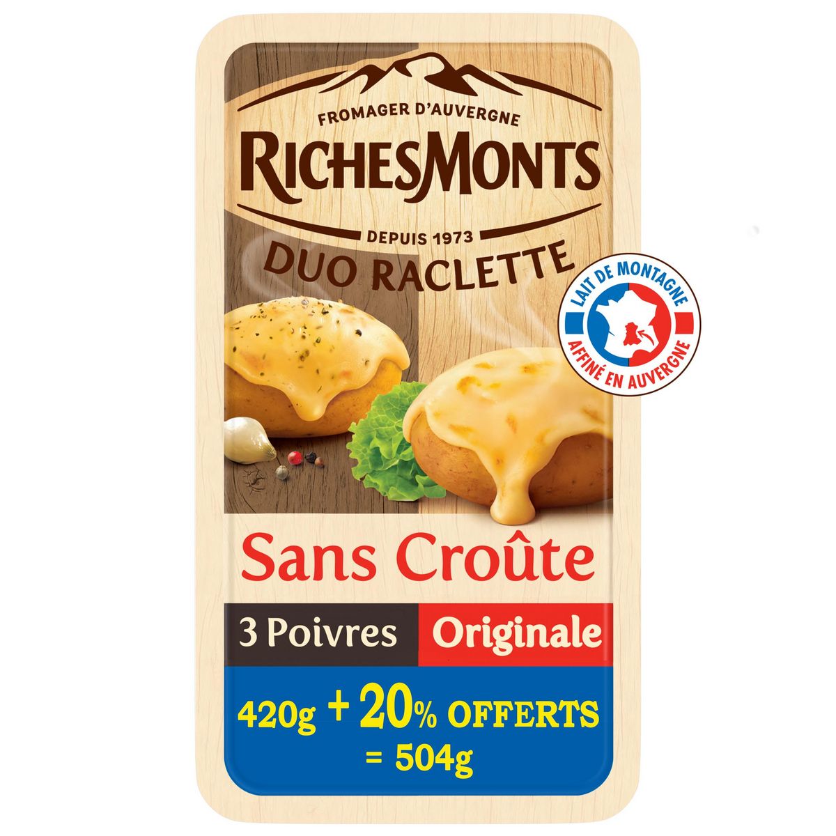 RICHESMONTS Fromage à raclette sans croûte 3 poivres et classique 2x8 tranches 420g +84g offerts