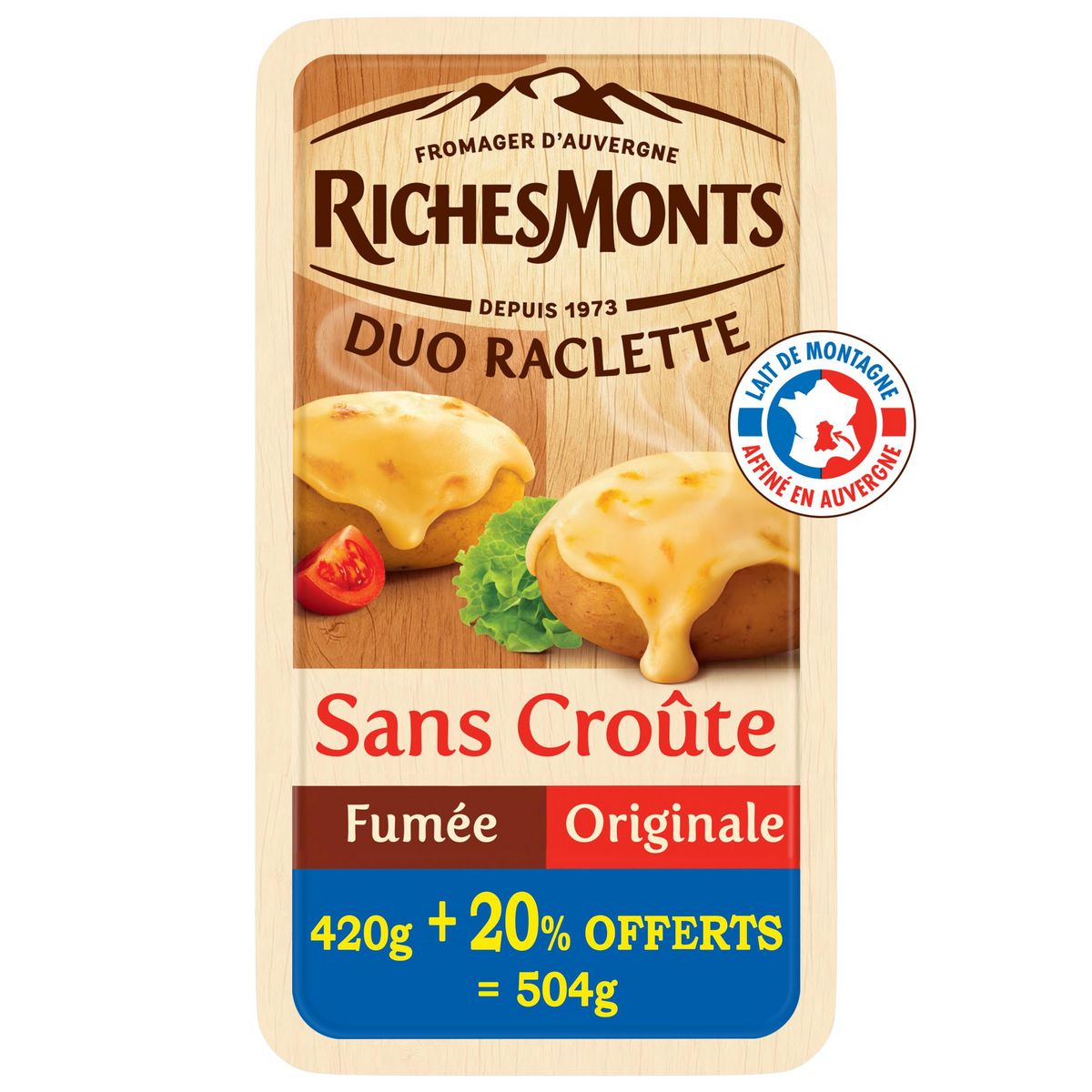 RICHESMONTS Fromage à raclette sans croûte fumée et classique 2x8 tranches 420g +84g offerts