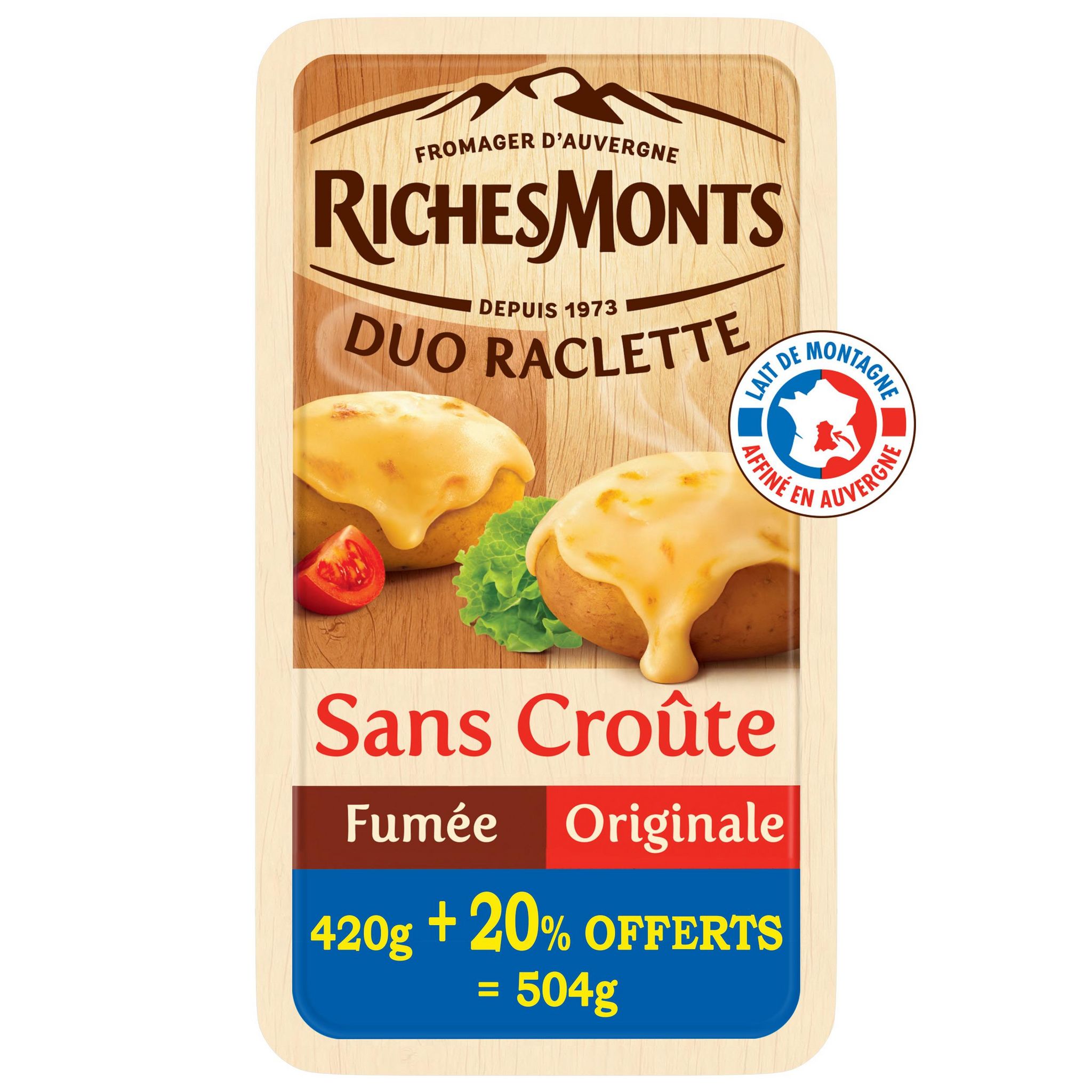 Voir la diapositive 2 : RICHESMONTS Fromage à raclette sans croûte fumée et classique 2x8 tranches 420g +84g offerts