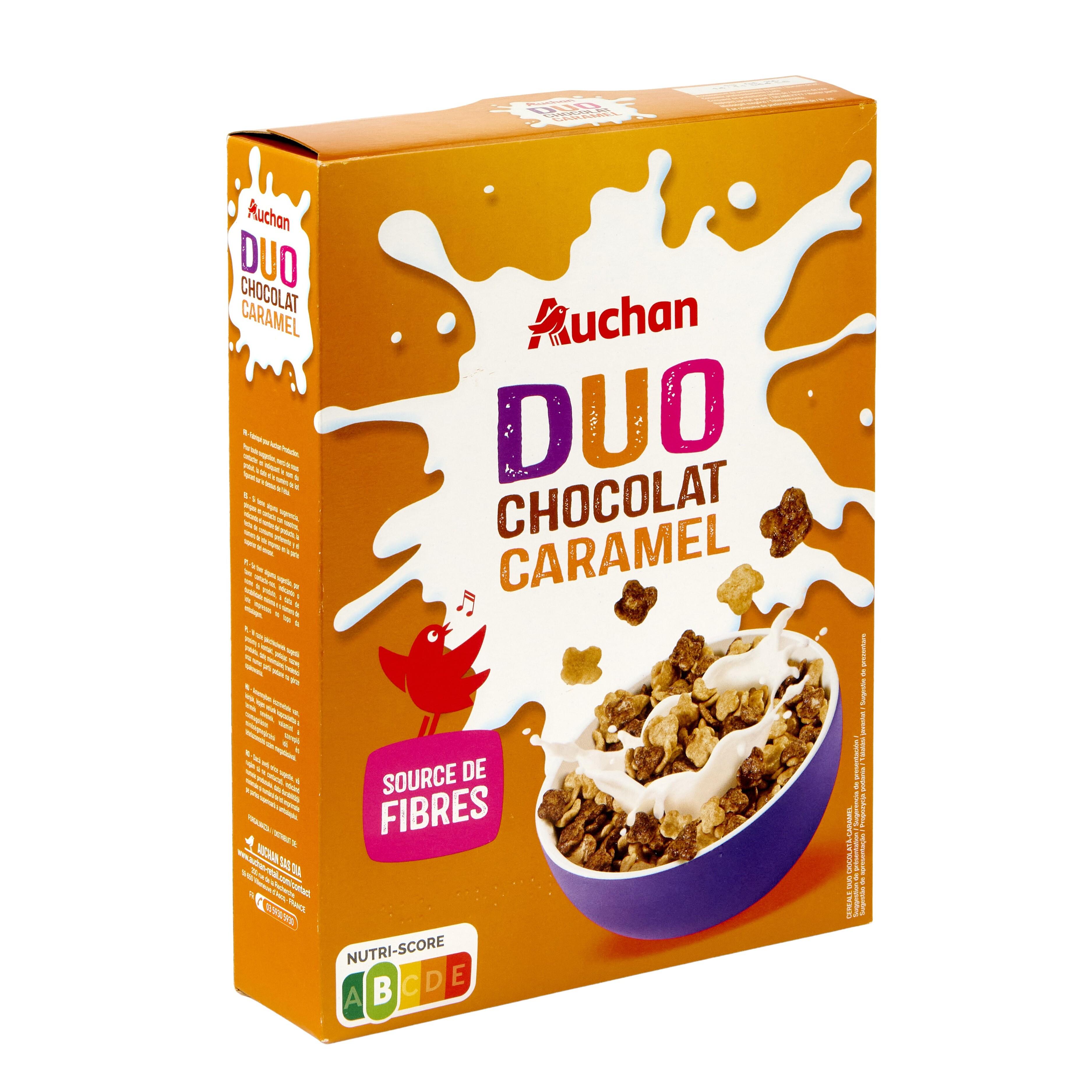 Voir la diapositive 2 : AUCHAN Céréales duo caramel et chocolat 375g