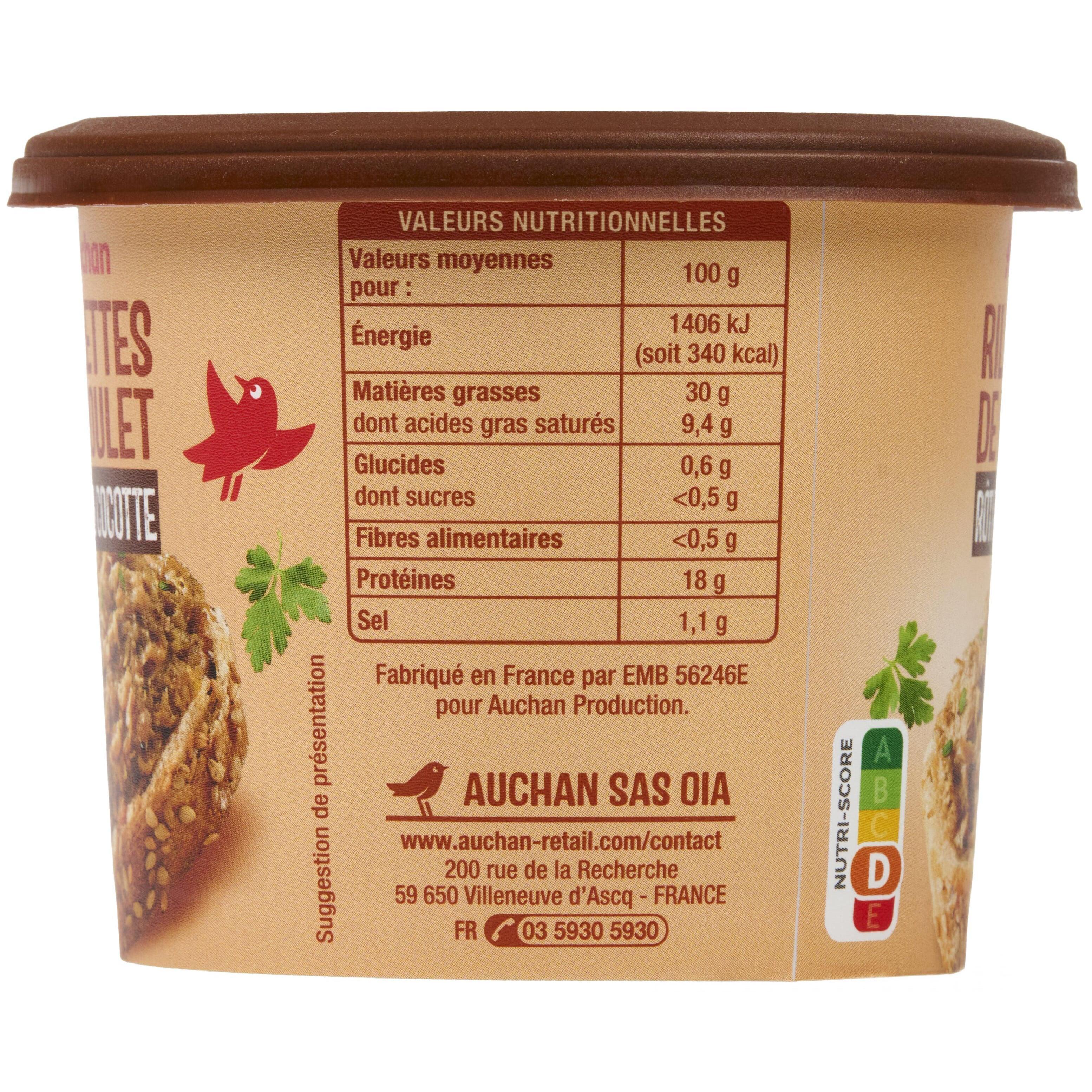 Voir la diapositive 2 : AUCHAN Rillettes de poulet rôti en cocotte 220g
