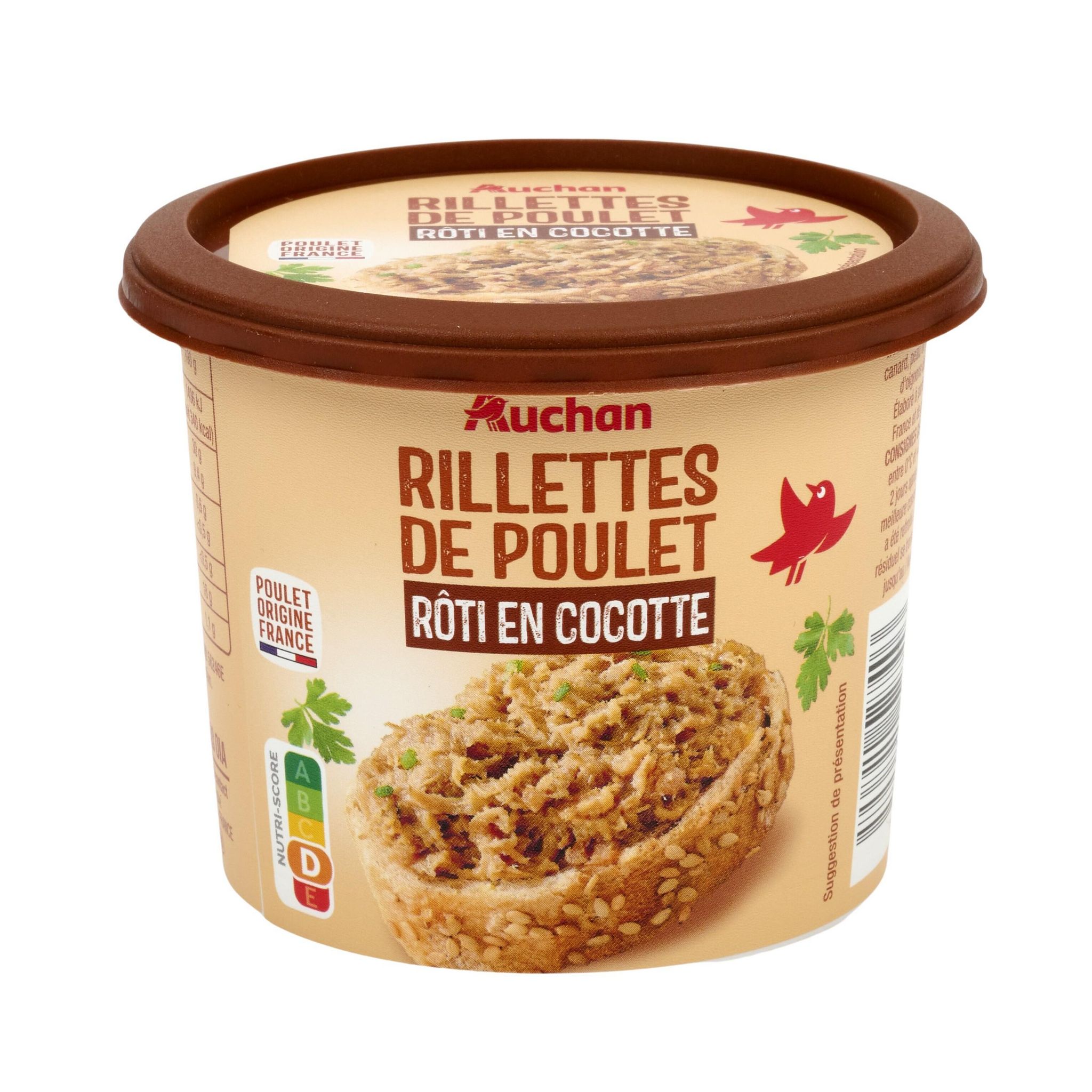 Voir la diapositive 2 : AUCHAN Rillettes de poulet rôti en cocotte 220g