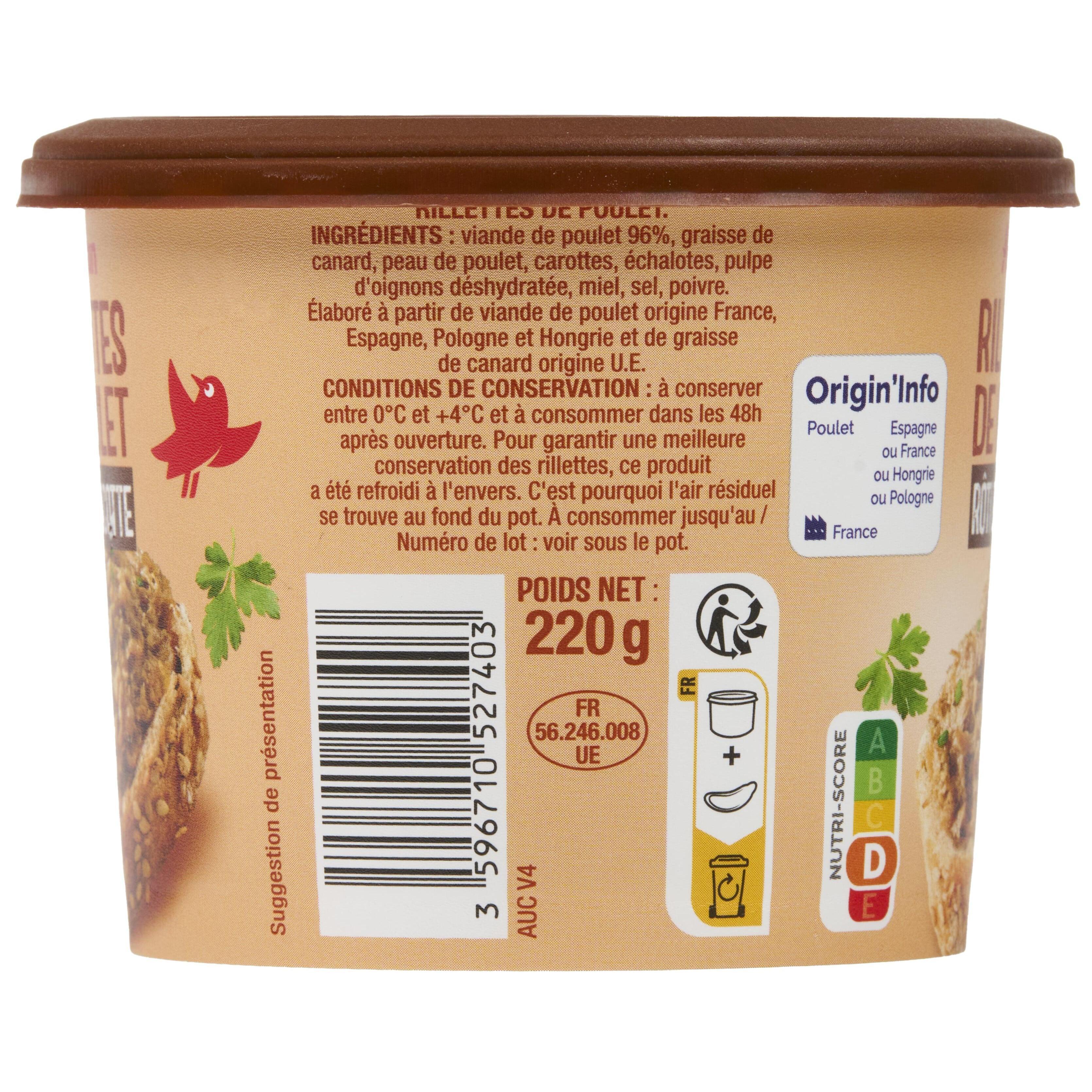 Voir la diapositive 3 : AUCHAN Rillettes de poulet rôti en cocotte 220g
