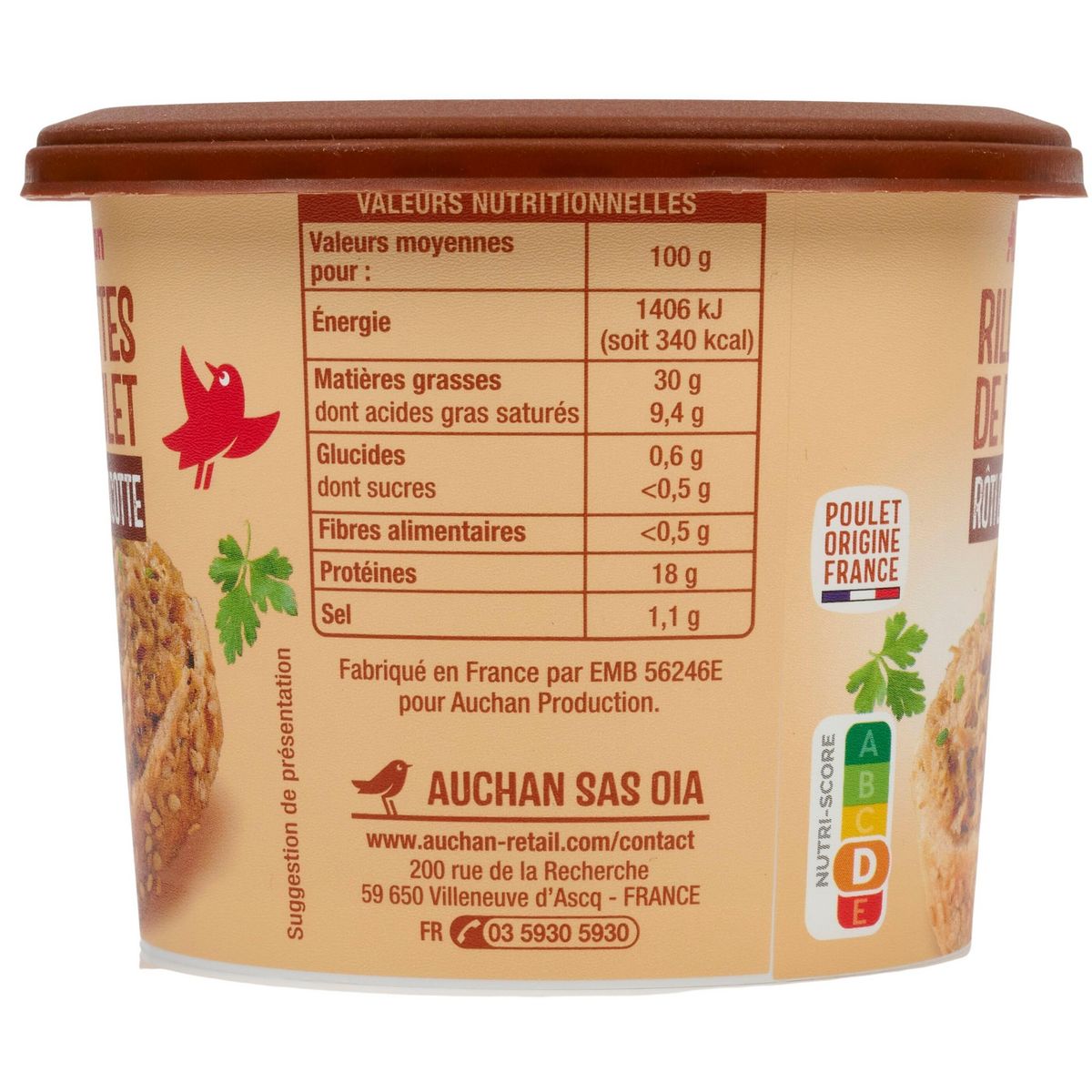 AUCHAN Rillettes de poulet rôti en cocotte 220g