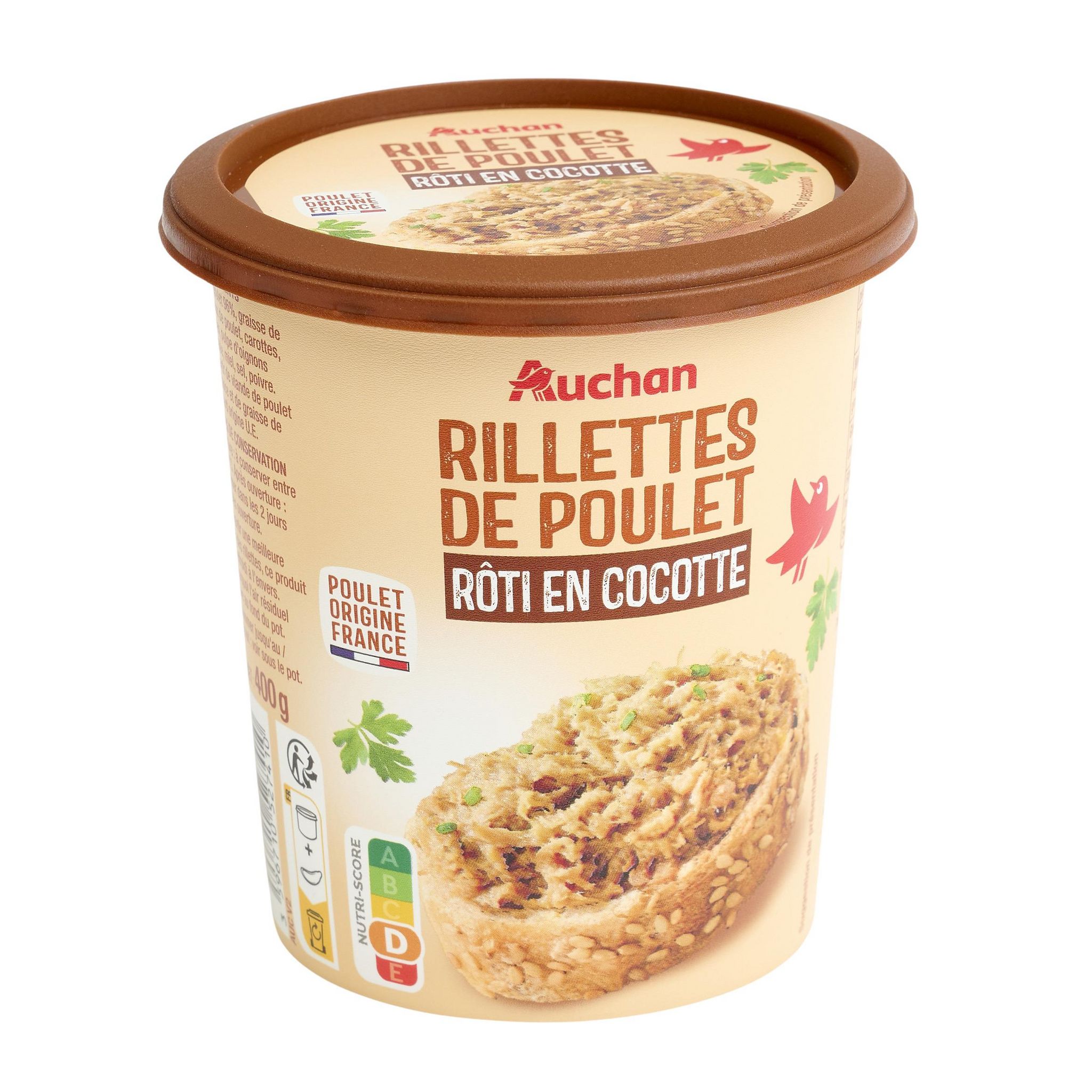 Voir la diapositive 2 : AUCHAN Rillettes de poulet rôti en cocotte 400g