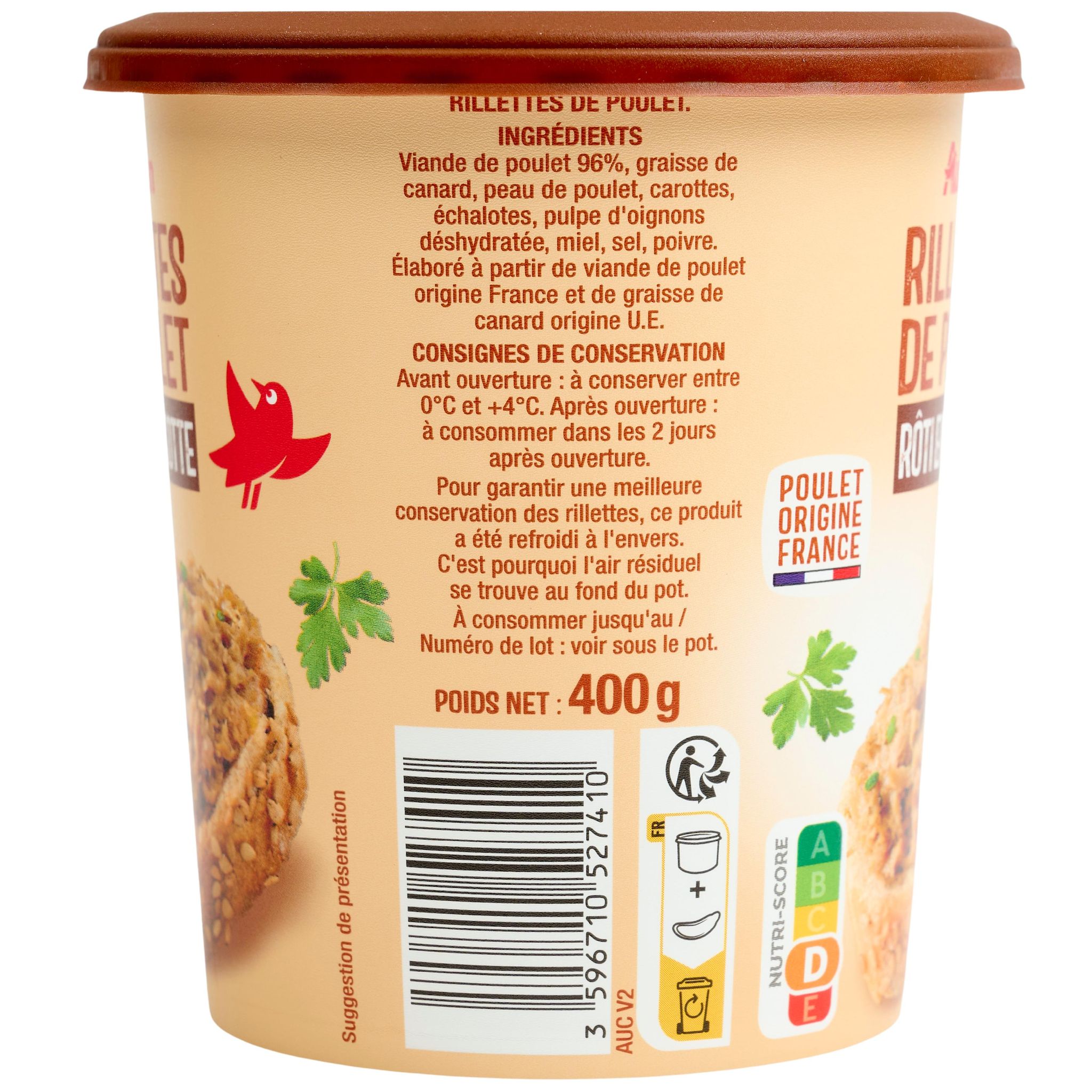 Voir la diapositive 3 : AUCHAN Rillettes de poulet rôti en cocotte 400g