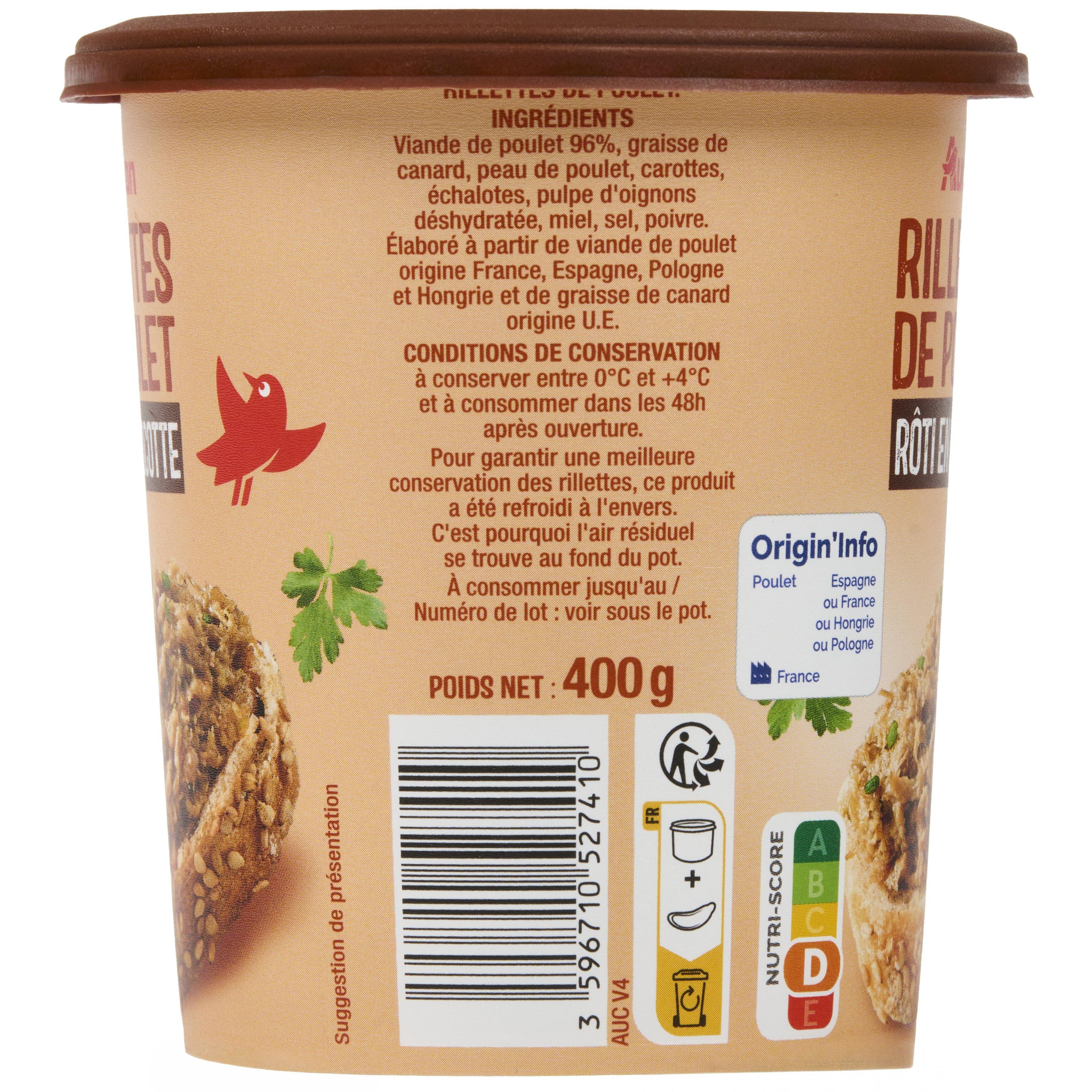 Voir la diapositive 4 : AUCHAN Rillettes de poulet rôti en cocotte 400g