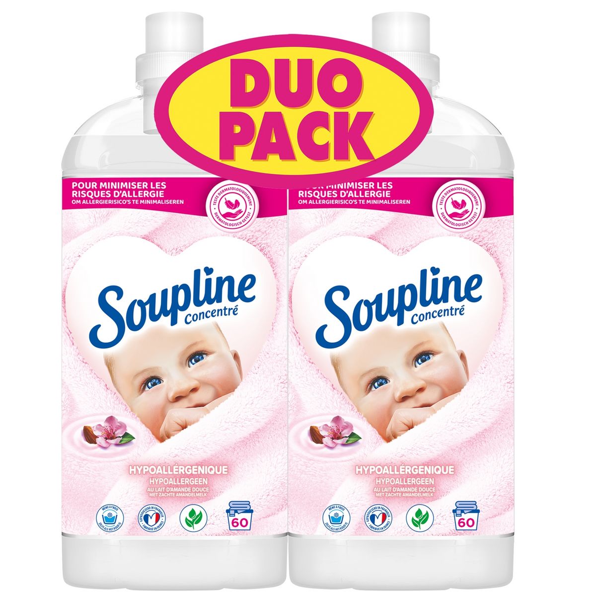 SOUPLINE Adoucissant liquide concentré hypoallergénique 60 lavages 2x1,35l