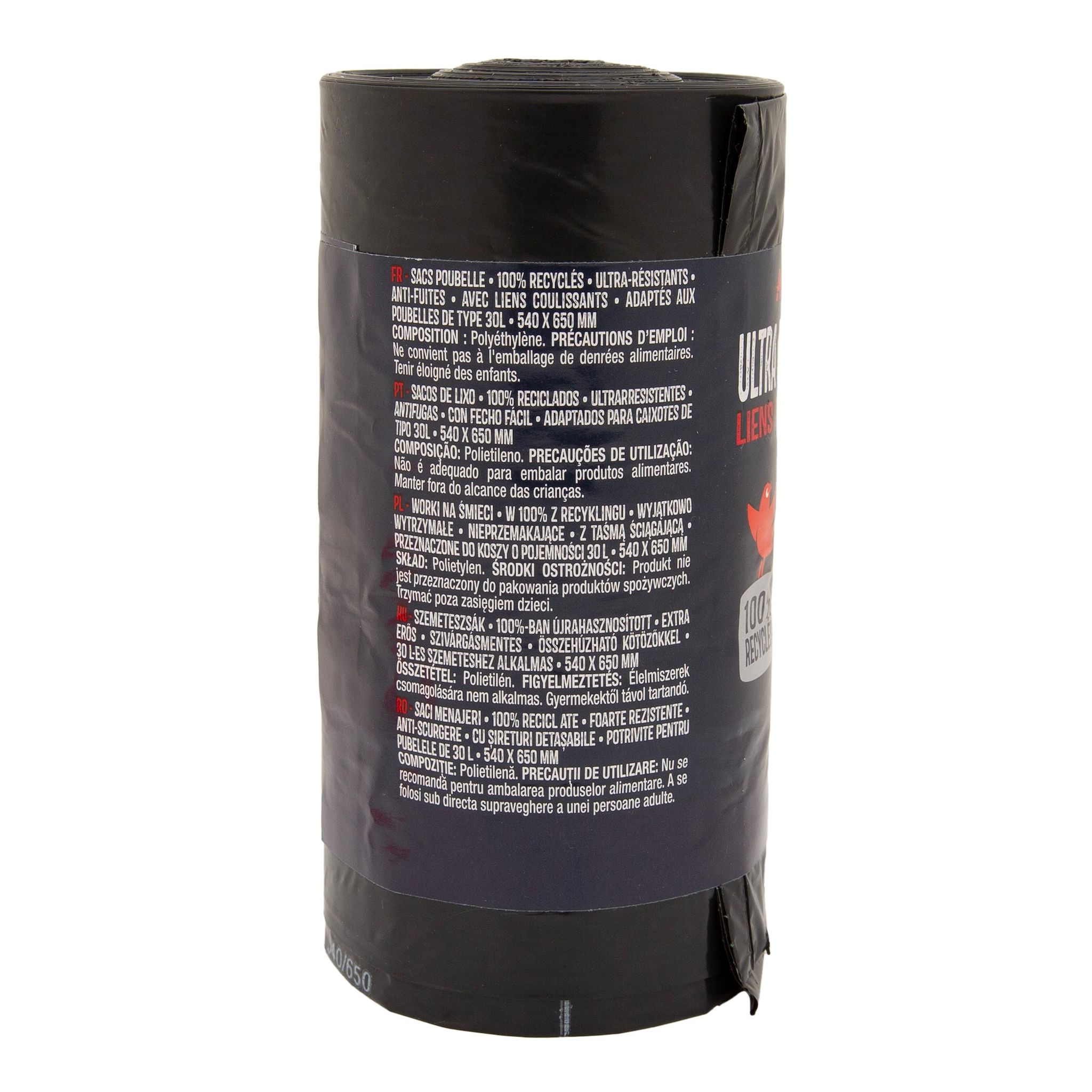 Voir la diapositive 2 : AUCHAN Sacs poubelle ultra résistants à liens coulissants 30L 20 sacs