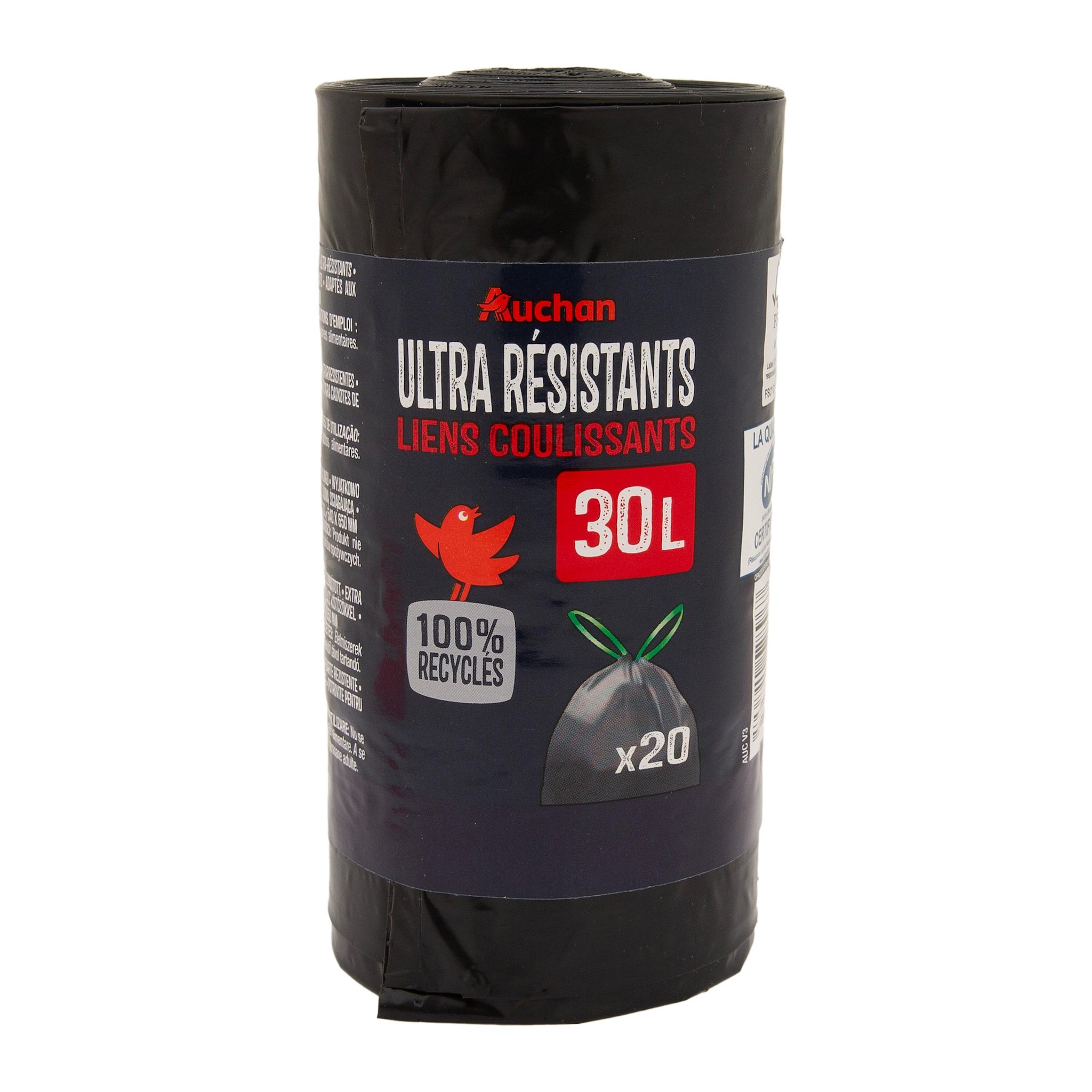 Voir la diapositive 3 : AUCHAN Sacs poubelle ultra résistants à liens coulissants 30L 20 sacs