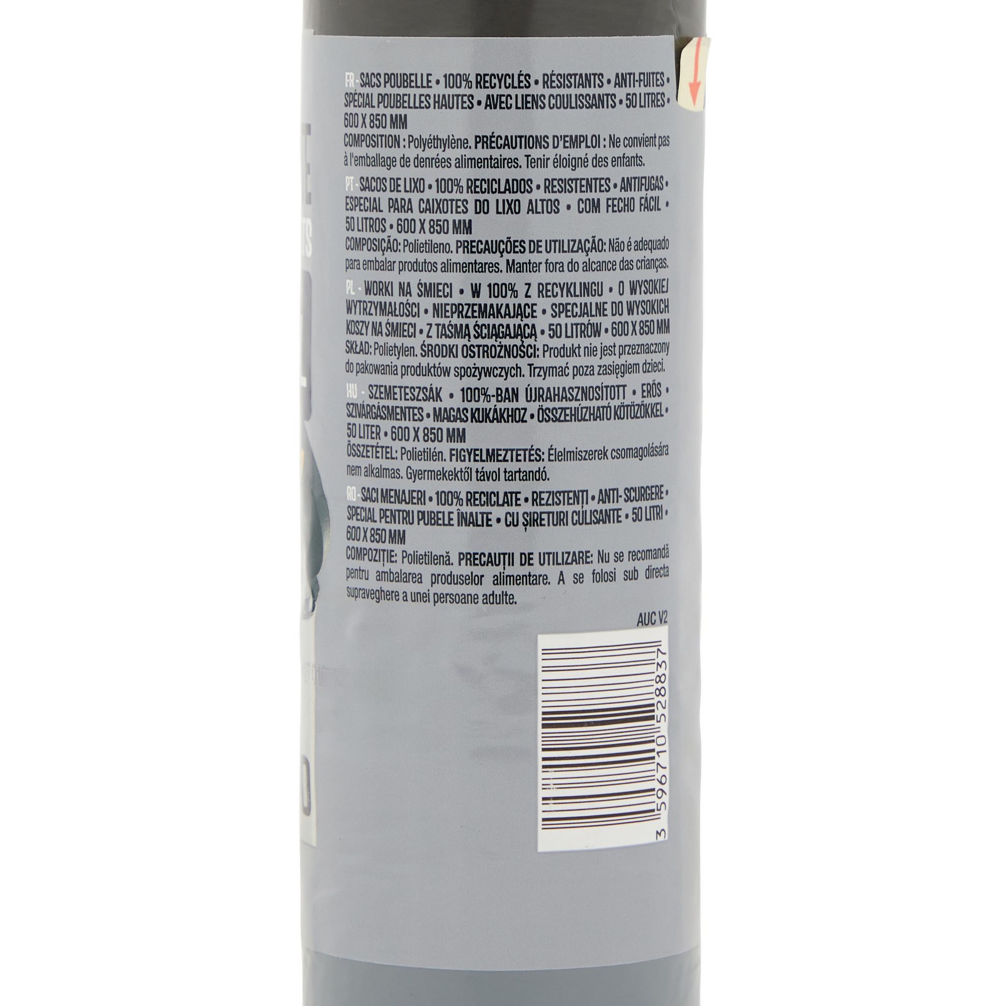 Voir la diapositive 3 : AUCHAN Sacs poubelle à liens coulissants poubelles hautes 50L 10 sacs