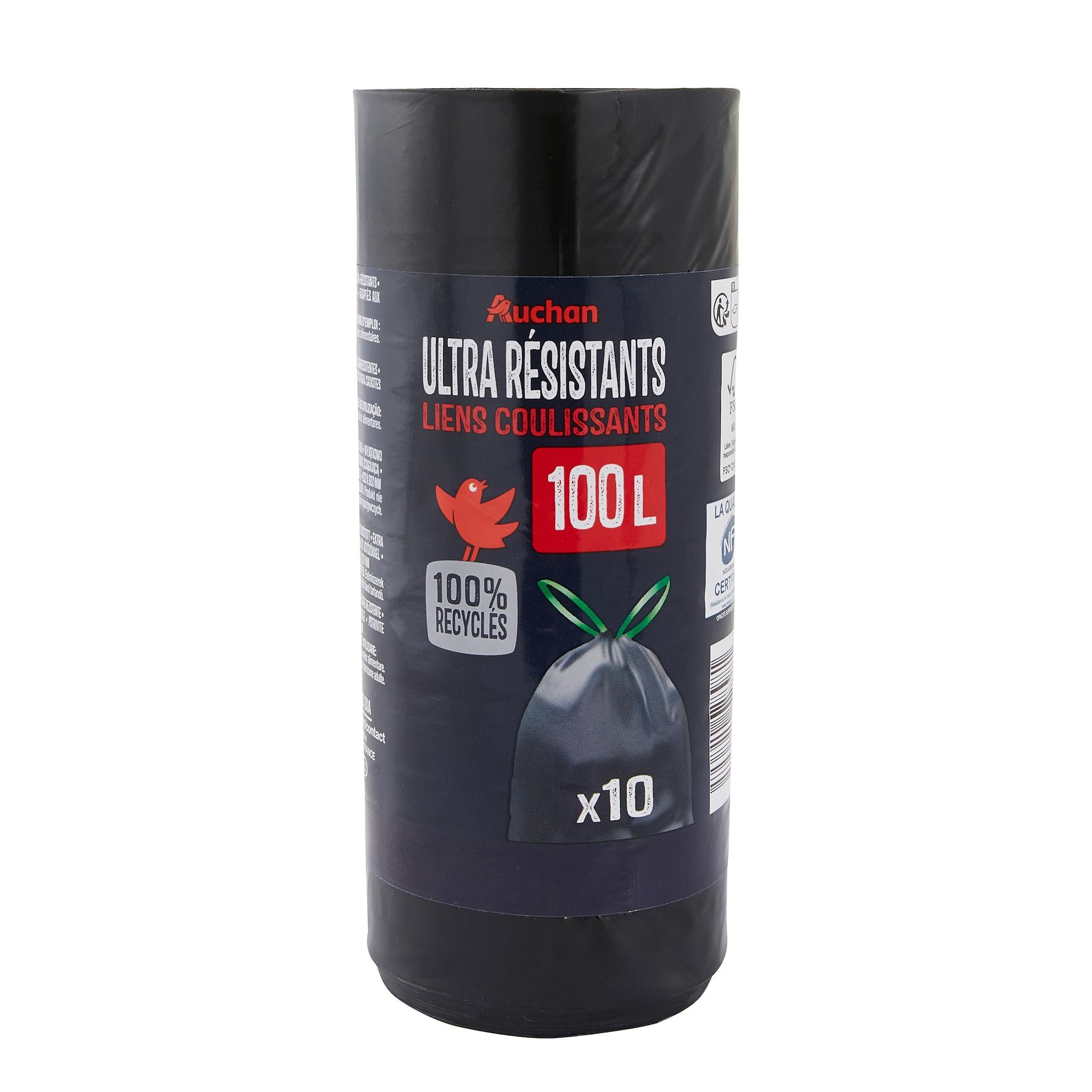 Voir la diapositive 2 : AUCHAN Sacs poubelle ultra résistants à liens coulissants 100L 10 sacs