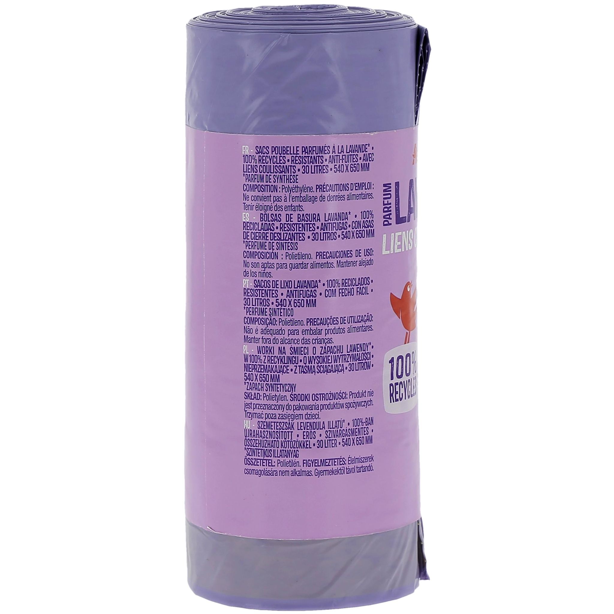 Voir la diapositive 2 : AUCHAN Sacs poubelle à liens coulissants parfum lavande 30L 15 sacs