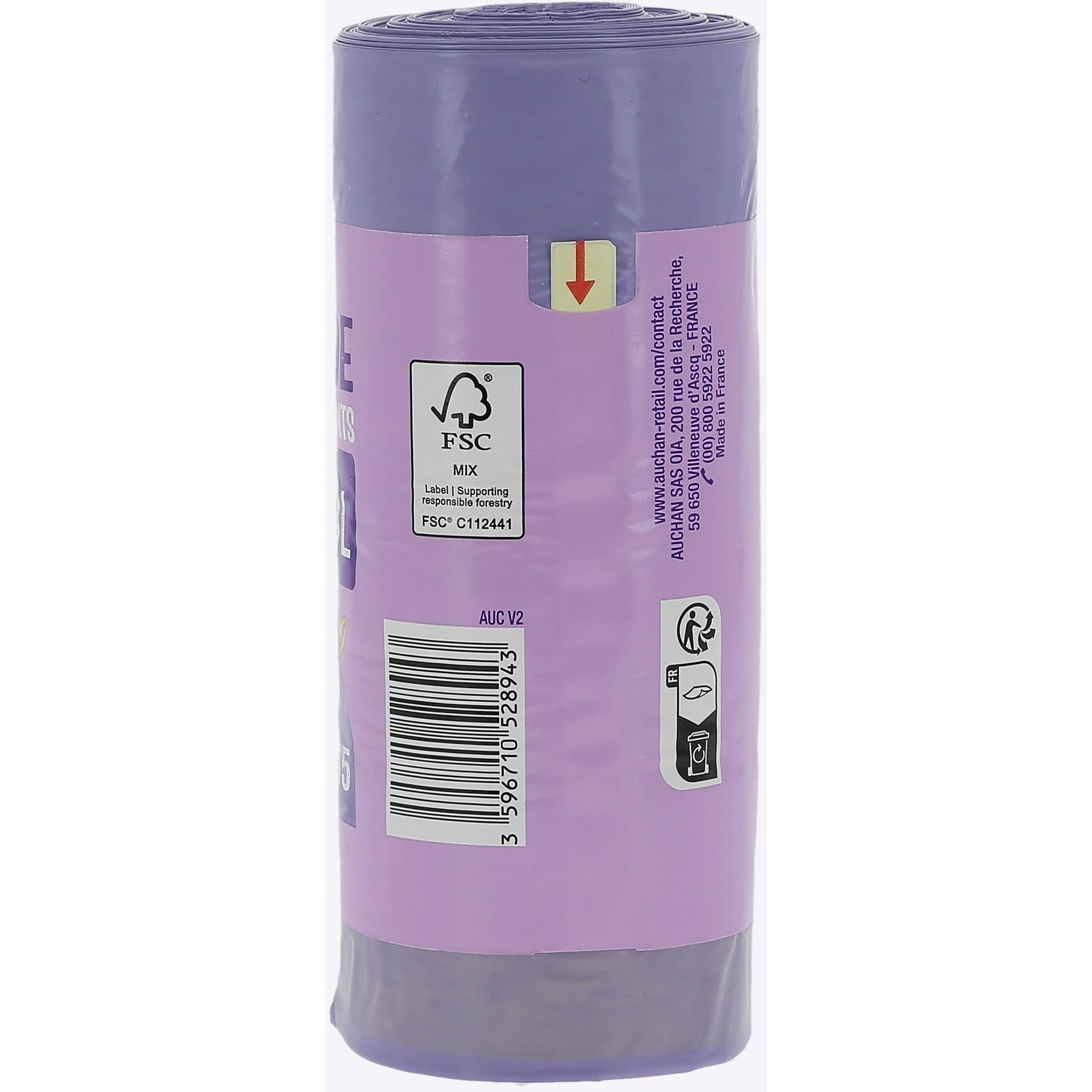 Voir la diapositive 3 : AUCHAN Sacs poubelle à liens coulissants parfum lavande 30L 15 sacs