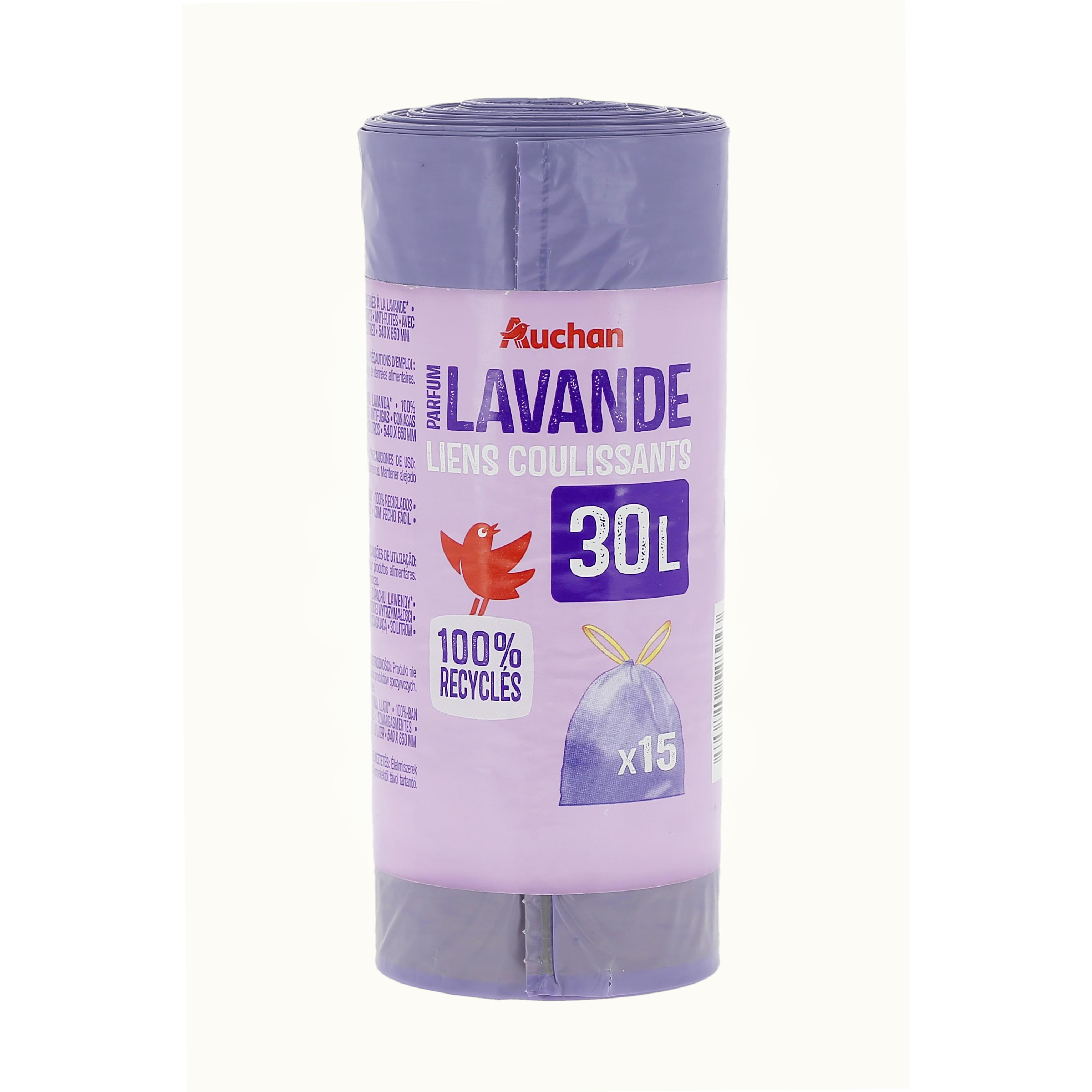 Voir la diapositive 4 : AUCHAN Sacs poubelle à liens coulissants parfum lavande 30L 15 sacs