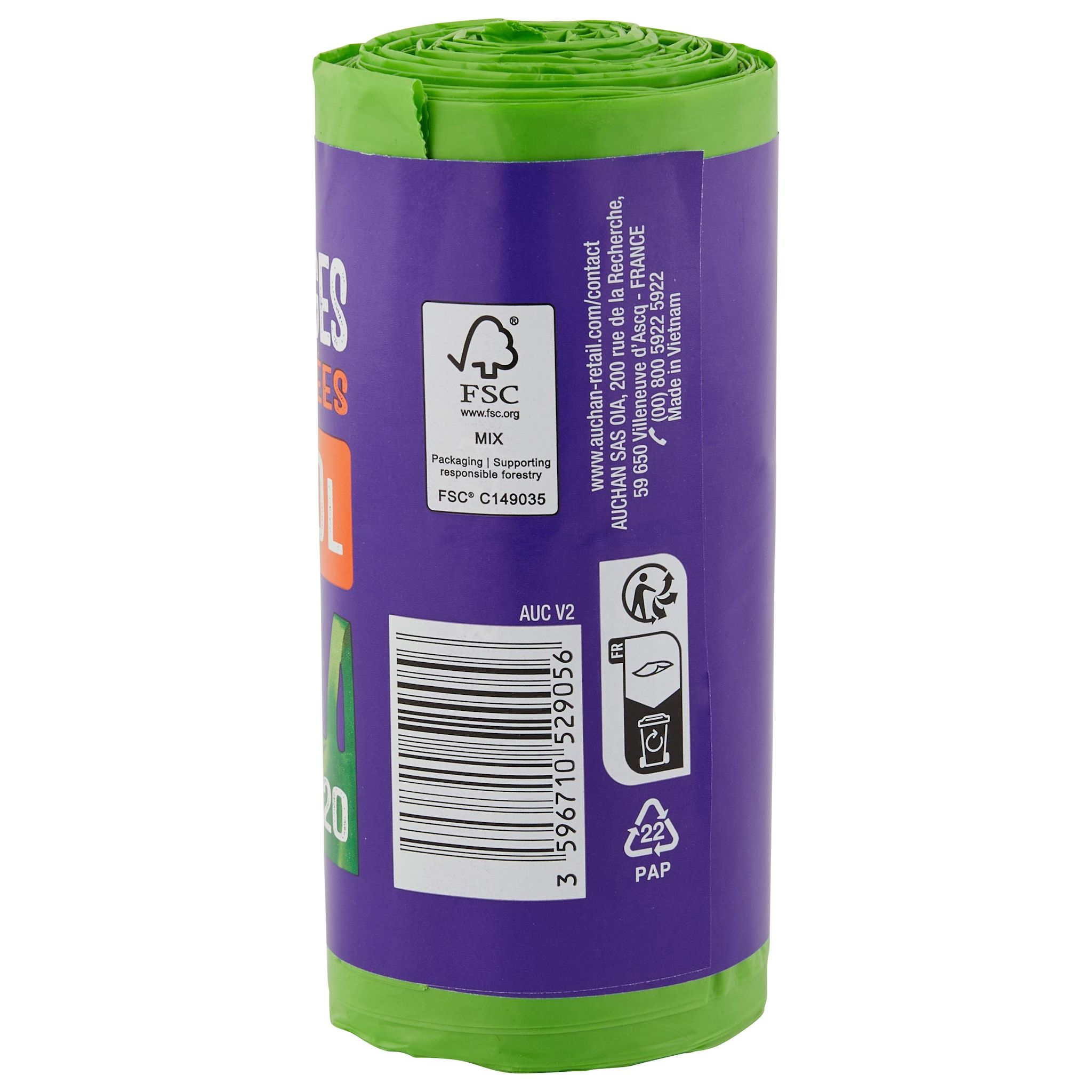 Voir la diapositive 2 : AUCHAN Sacs poubelle multi-usages à poignées 20L 20 sacs