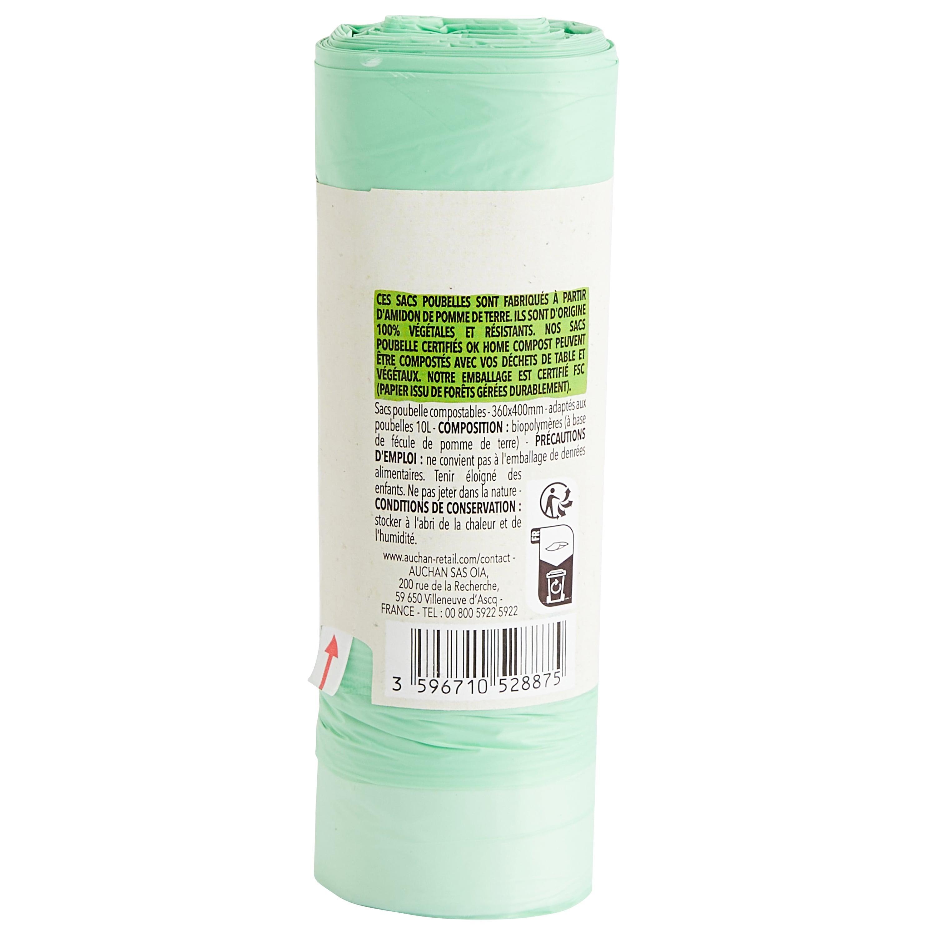 Voir la diapositive 2 : AUCHAN BETTER LIFE Sacs poubelle compostables à liens coulissants 10L 15 sacs