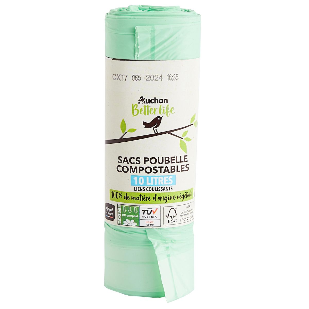 AUCHAN BETTER LIFE Sacs poubelle compostables à liens coulissants 10L 15 sacs