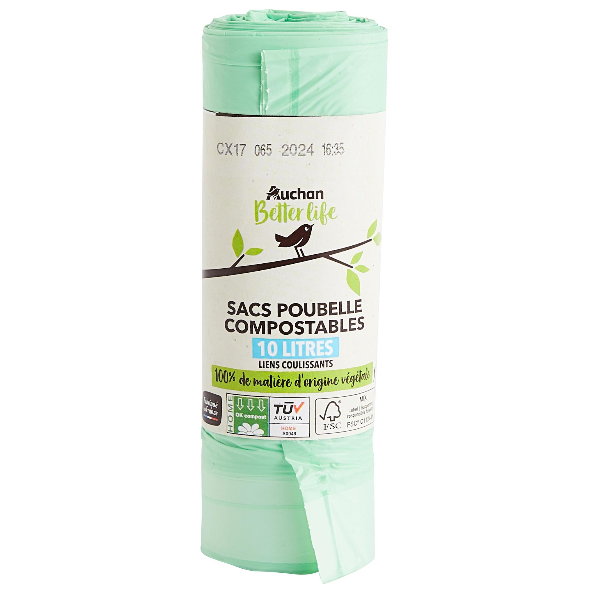 Voir la diapositive 3 : AUCHAN BETTER LIFE Sacs poubelle compostables à liens coulissants 10L 15 sacs