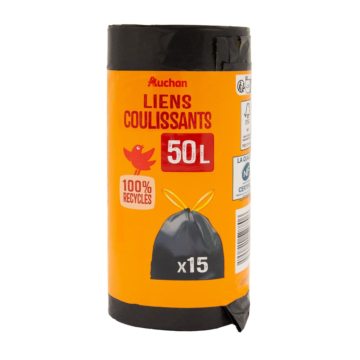 AUCHAN Sacs poubelle à liens coulissants 50L 15 sacs