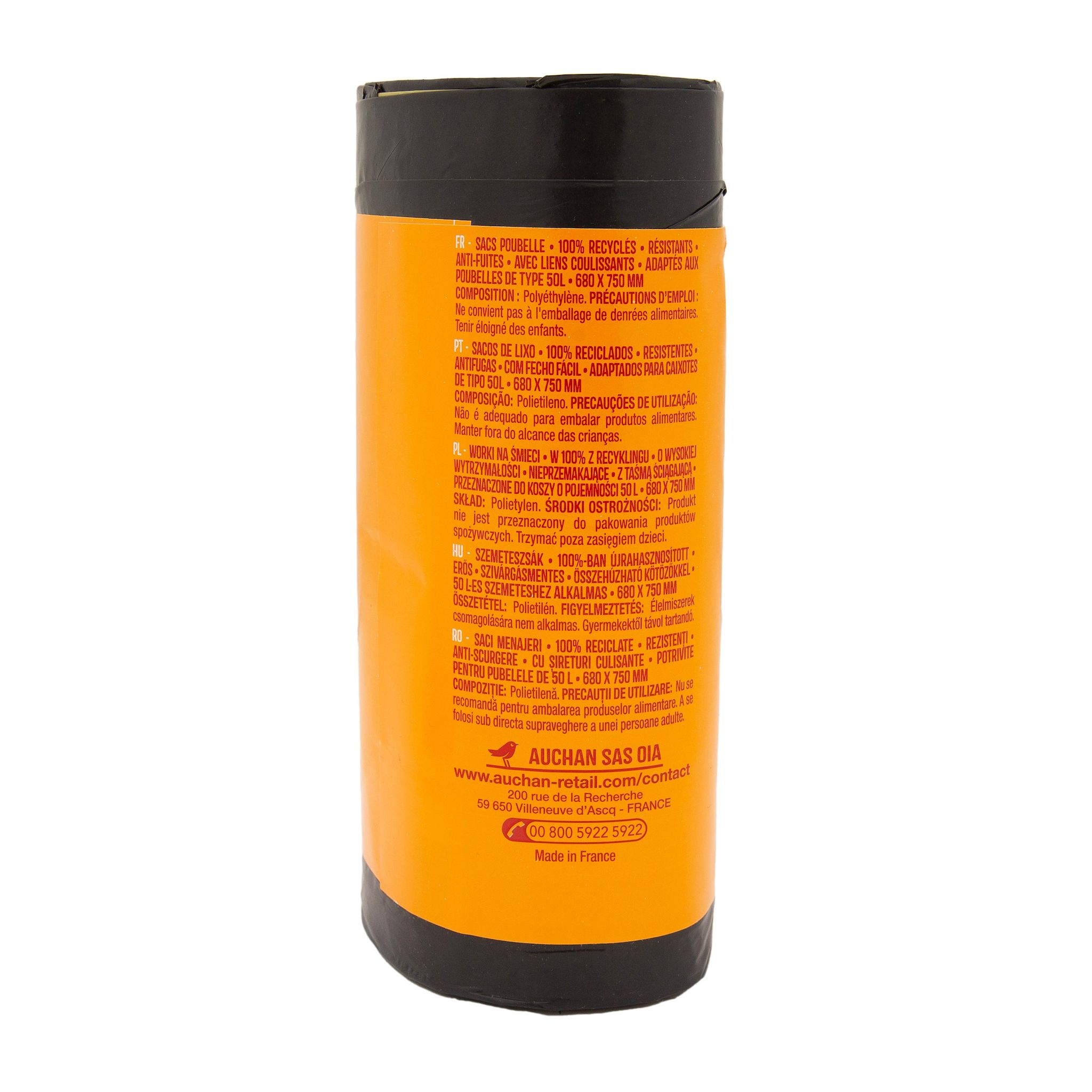 Voir la diapositive 3 : AUCHAN Sacs poubelle à liens coulissants 50L 15 sacs