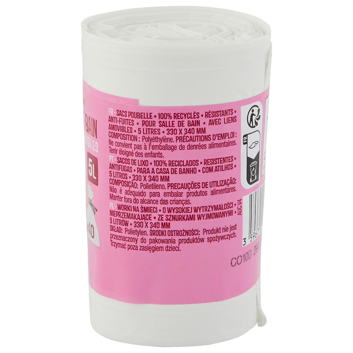 AUCHAN Sacs poubelle à liens détachables salle de bains 5L 40 sacs