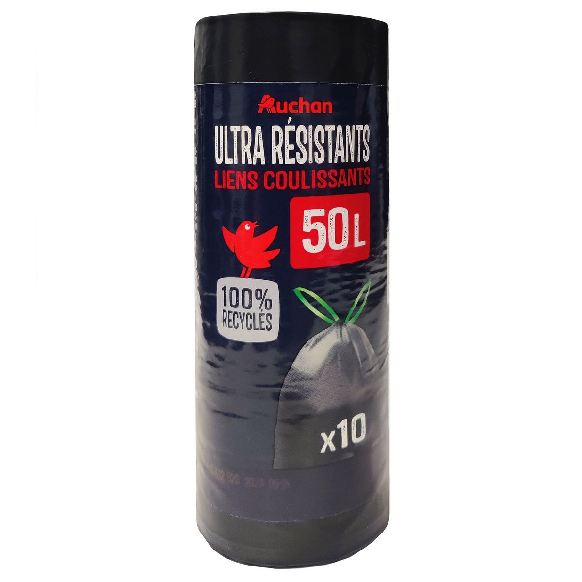 AUCHAN Sacs poubelle ultra résistants à liens coulissants 50L 10 sacs