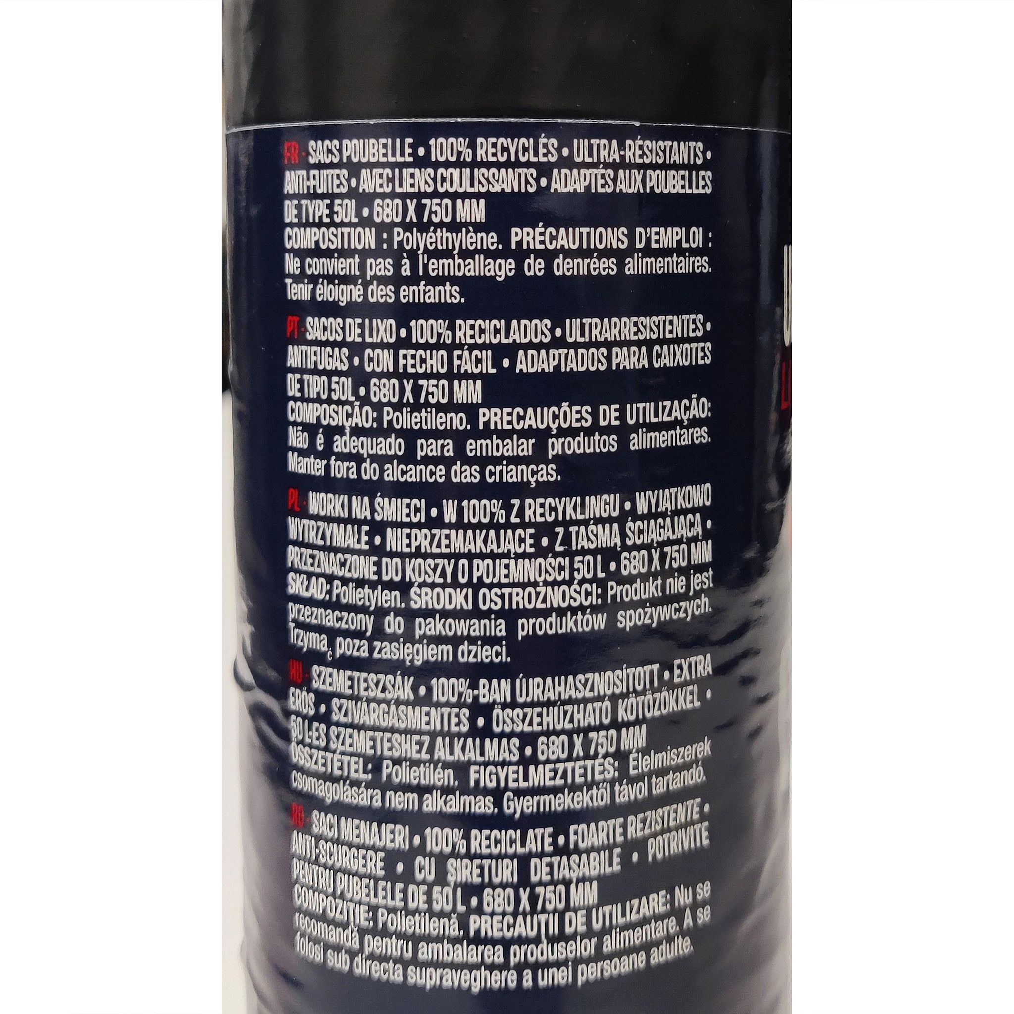 Voir la diapositive 2 : AUCHAN Sacs poubelle ultra résistants à liens coulissants 50L 10 sacs