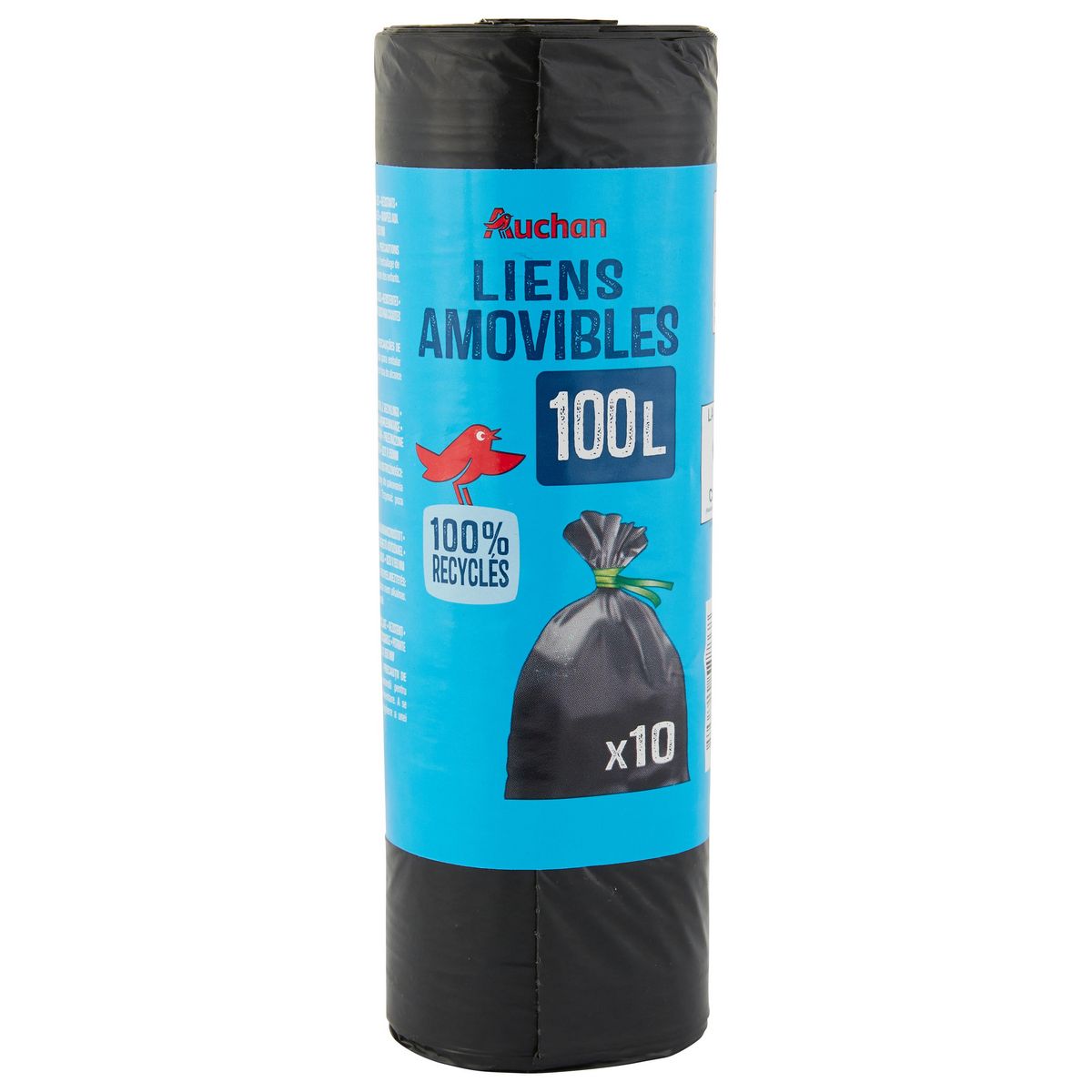 AUCHAN Sacs poubelle à liens amovibles 100L 10 sacs