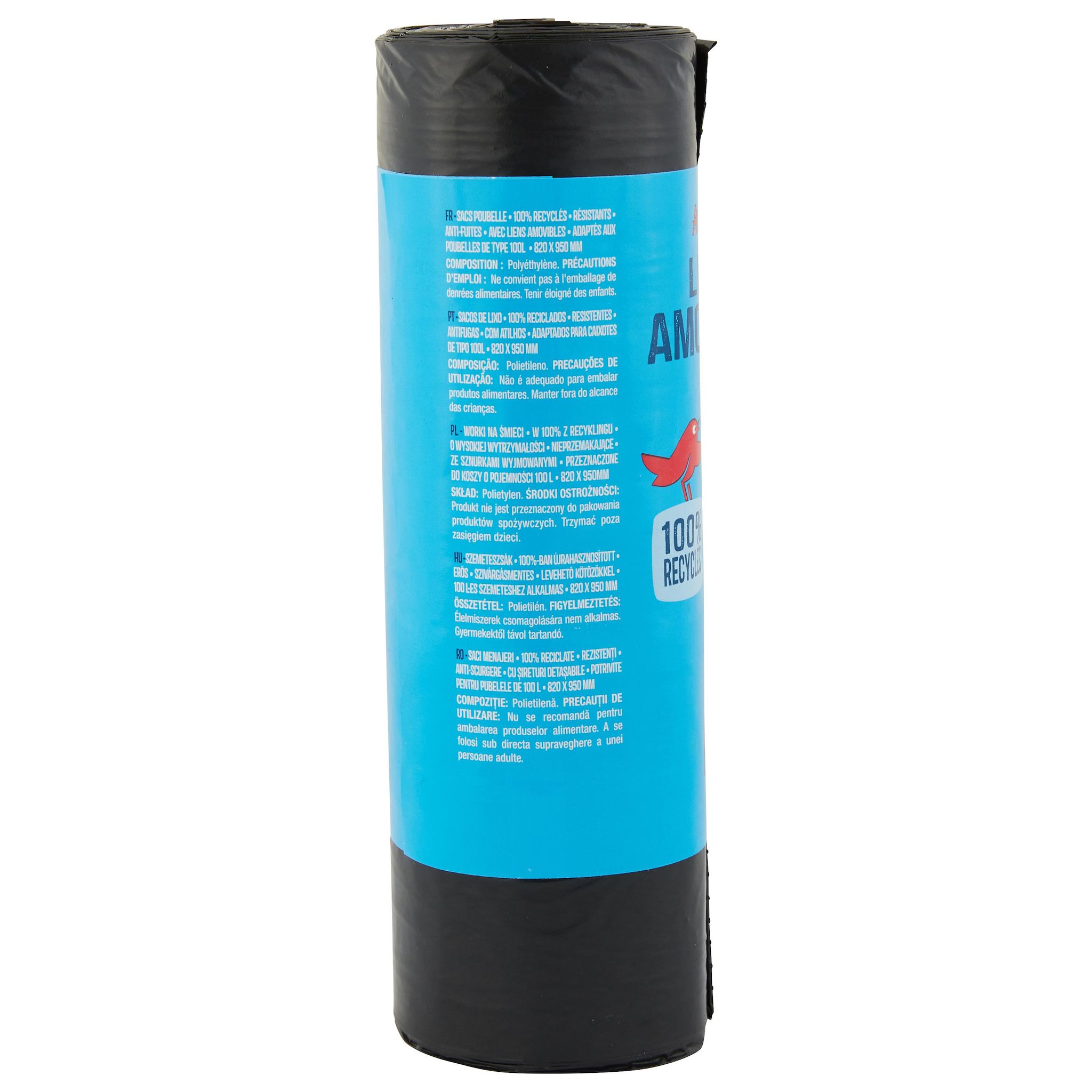 Voir la diapositive 3 : AUCHAN Sacs poubelle à liens amovibles 100L 10 sacs