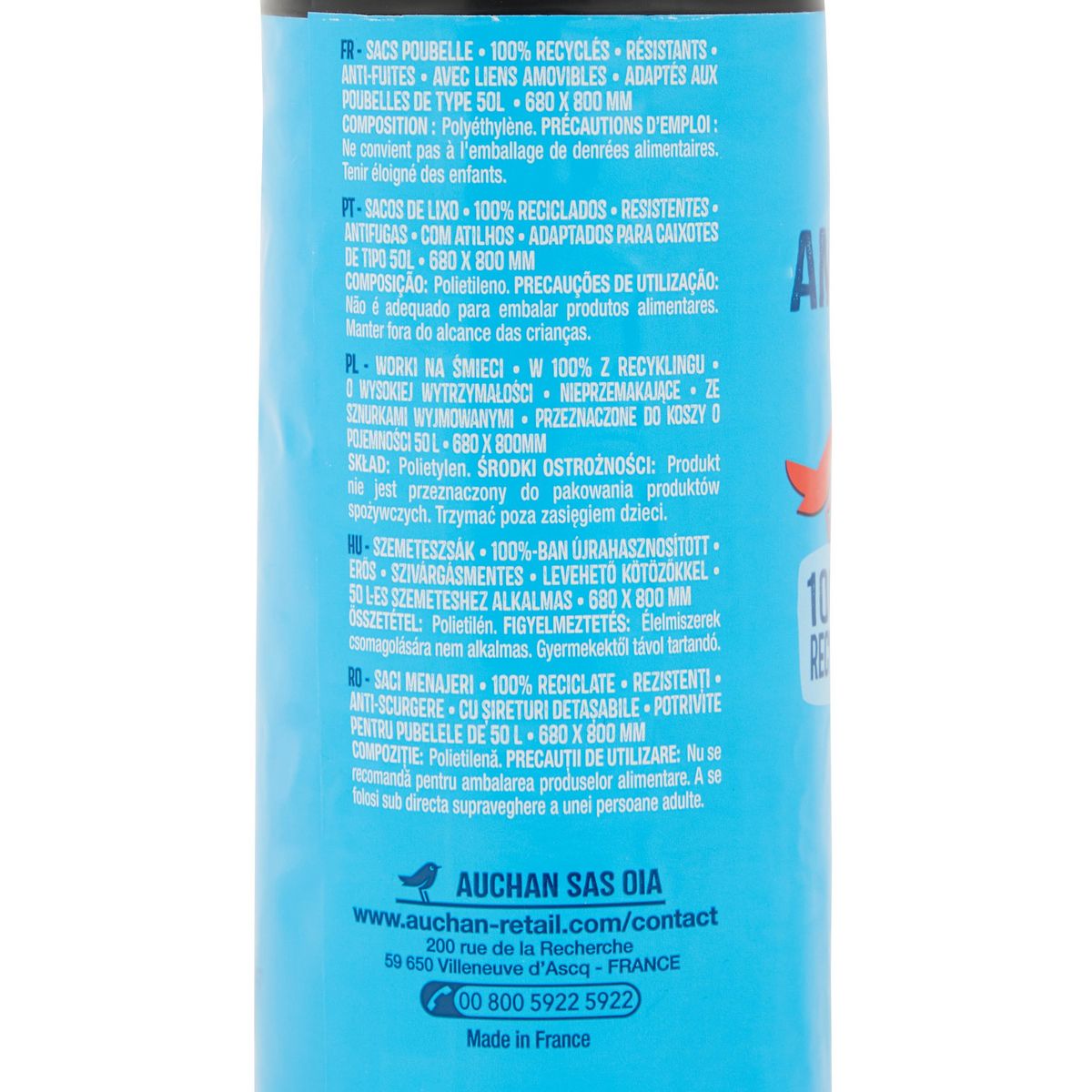 AUCHAN Sacs poubelle à liens amovibles 50L 15 sacs