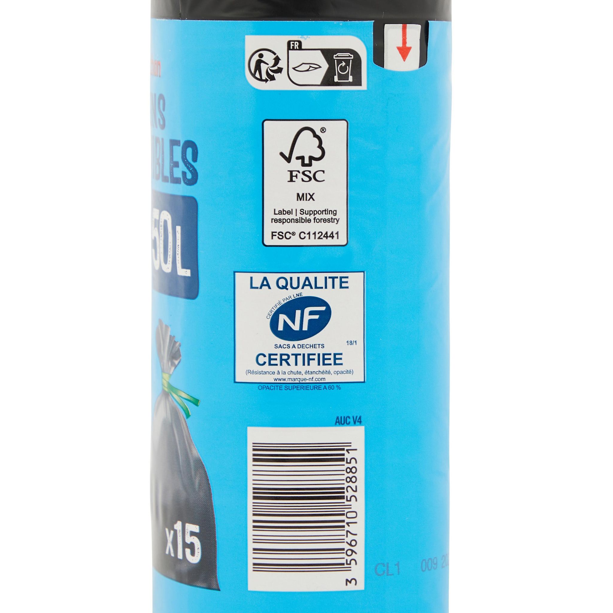 Voir la diapositive 2 : AUCHAN Sacs poubelle à liens amovibles 50L 15 sacs