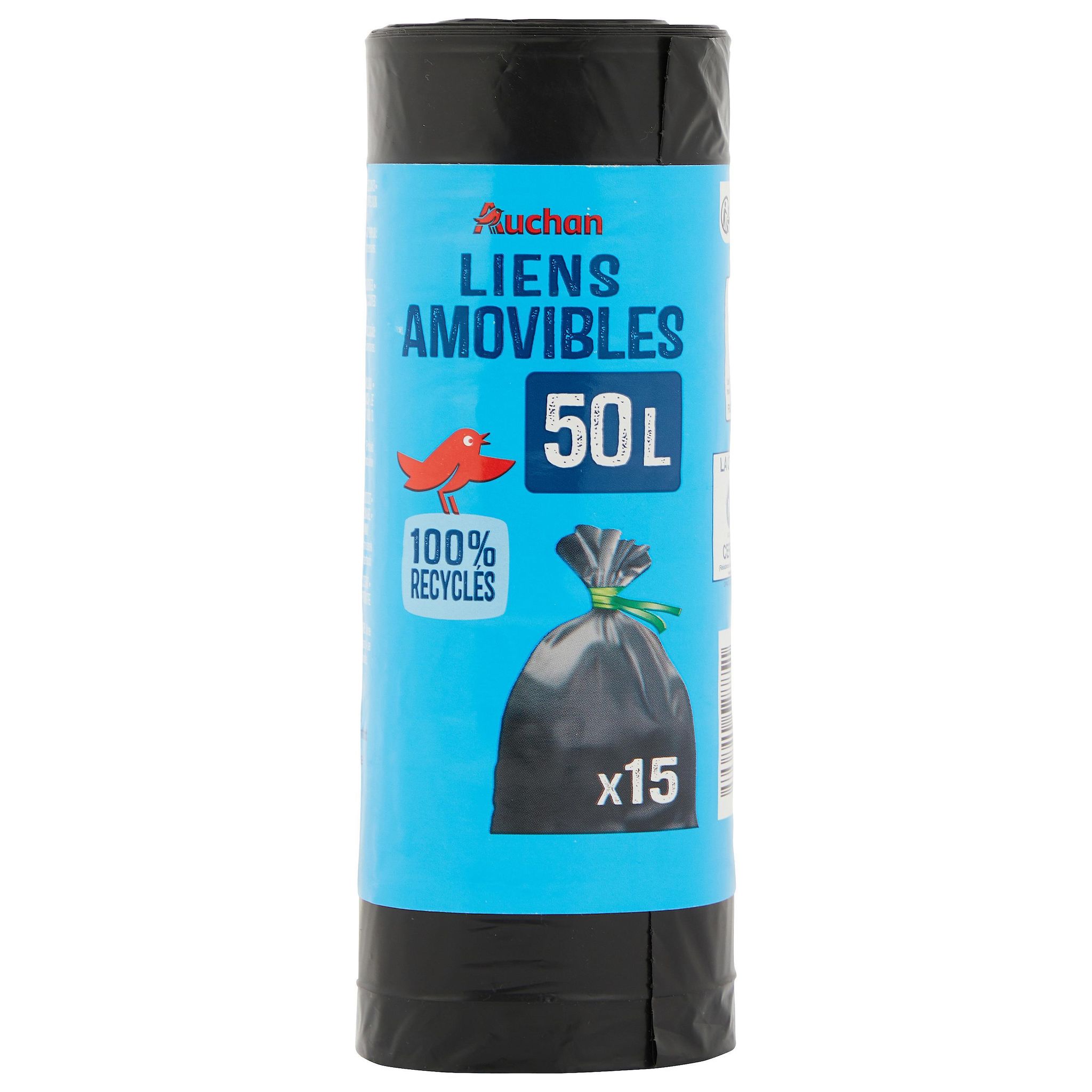 Voir la diapositive 3 : AUCHAN Sacs poubelle à liens amovibles 50L 15 sacs