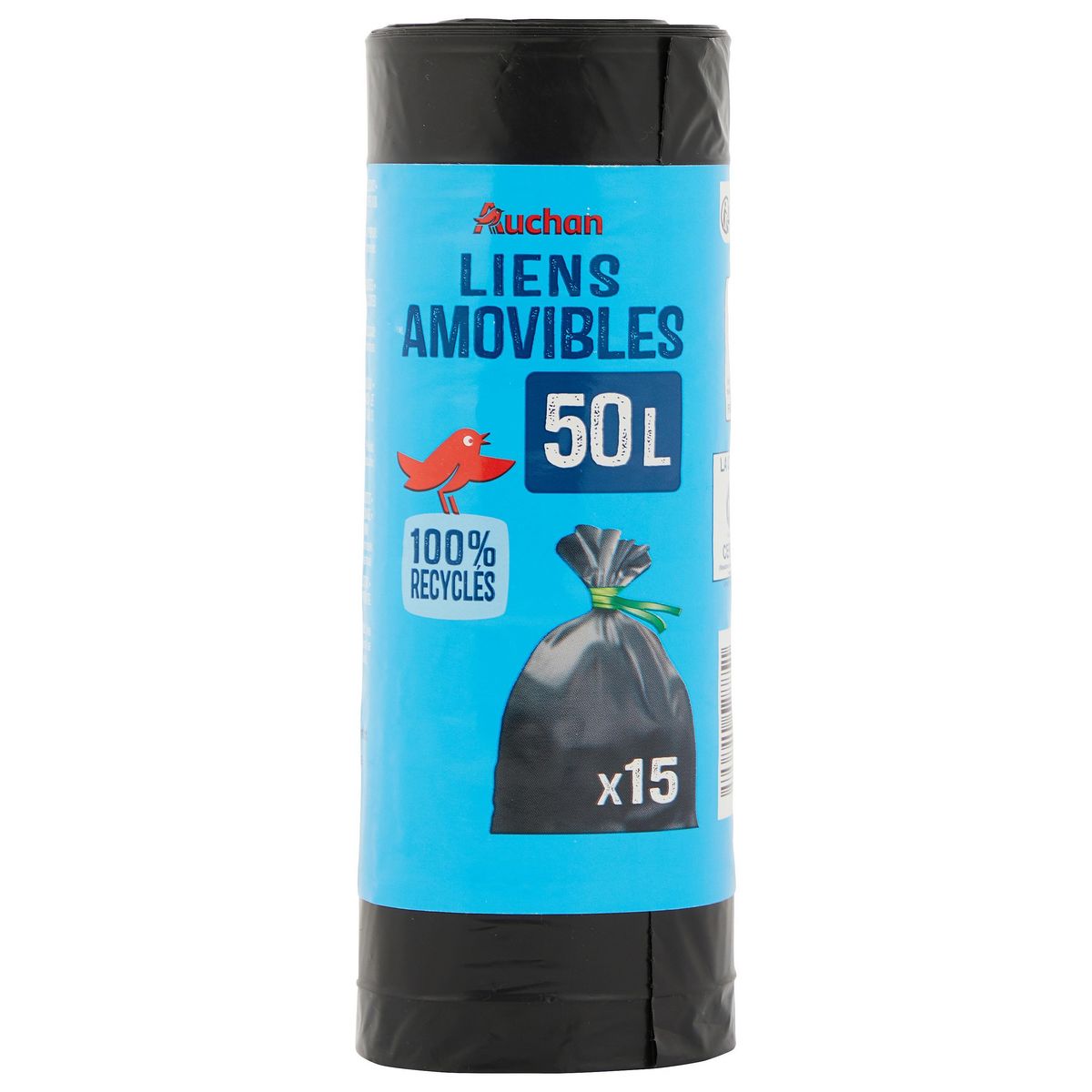 AUCHAN Sacs poubelle à liens amovibles 50L 15 sacs