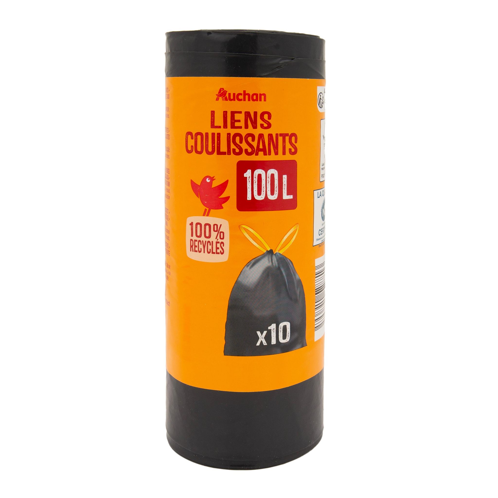 Voir la diapositive 2 : AUCHAN Sacs poubelle à liens coulissants 100L 10 sacs