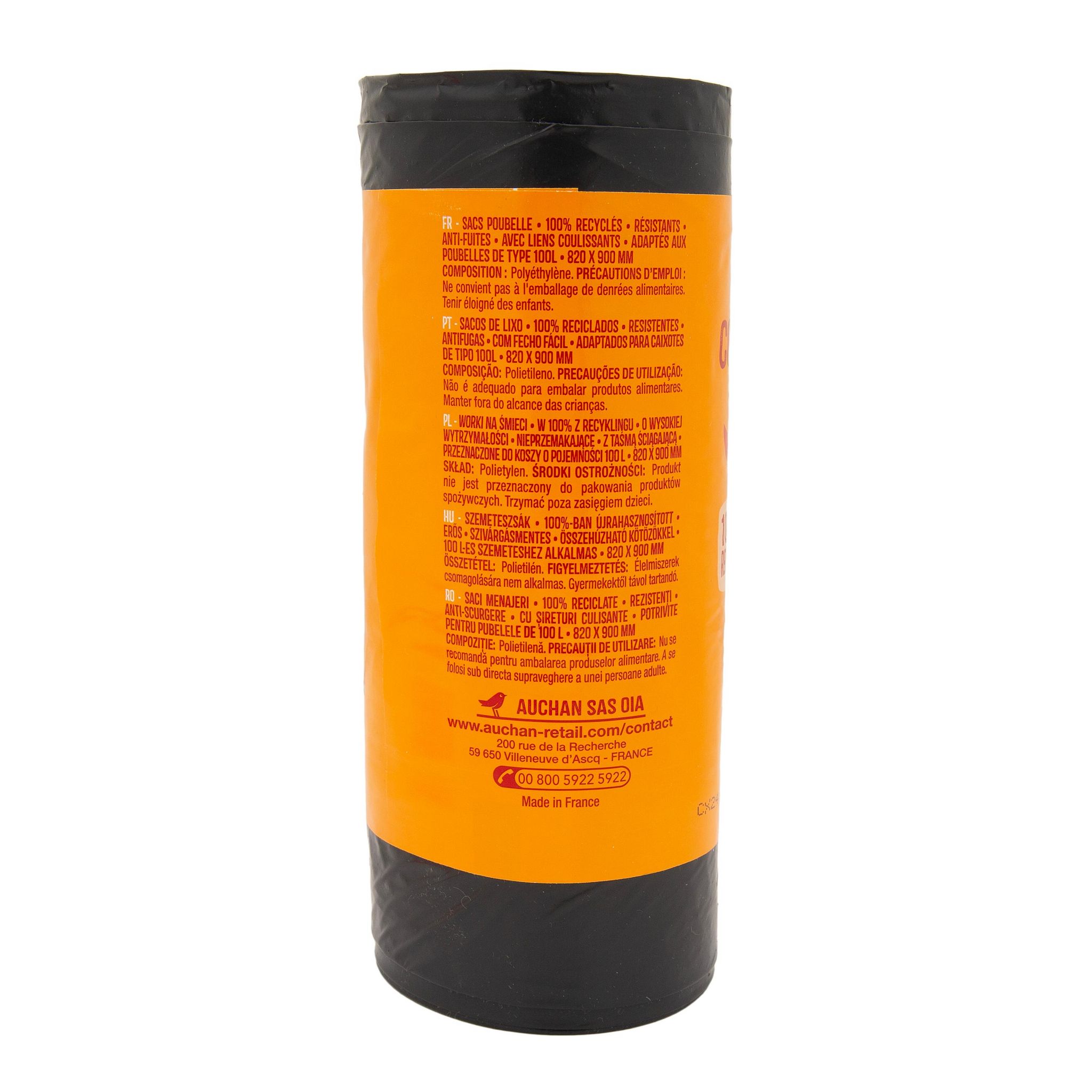 Voir la diapositive 3 : AUCHAN Sacs poubelle à liens coulissants 100L 10 sacs