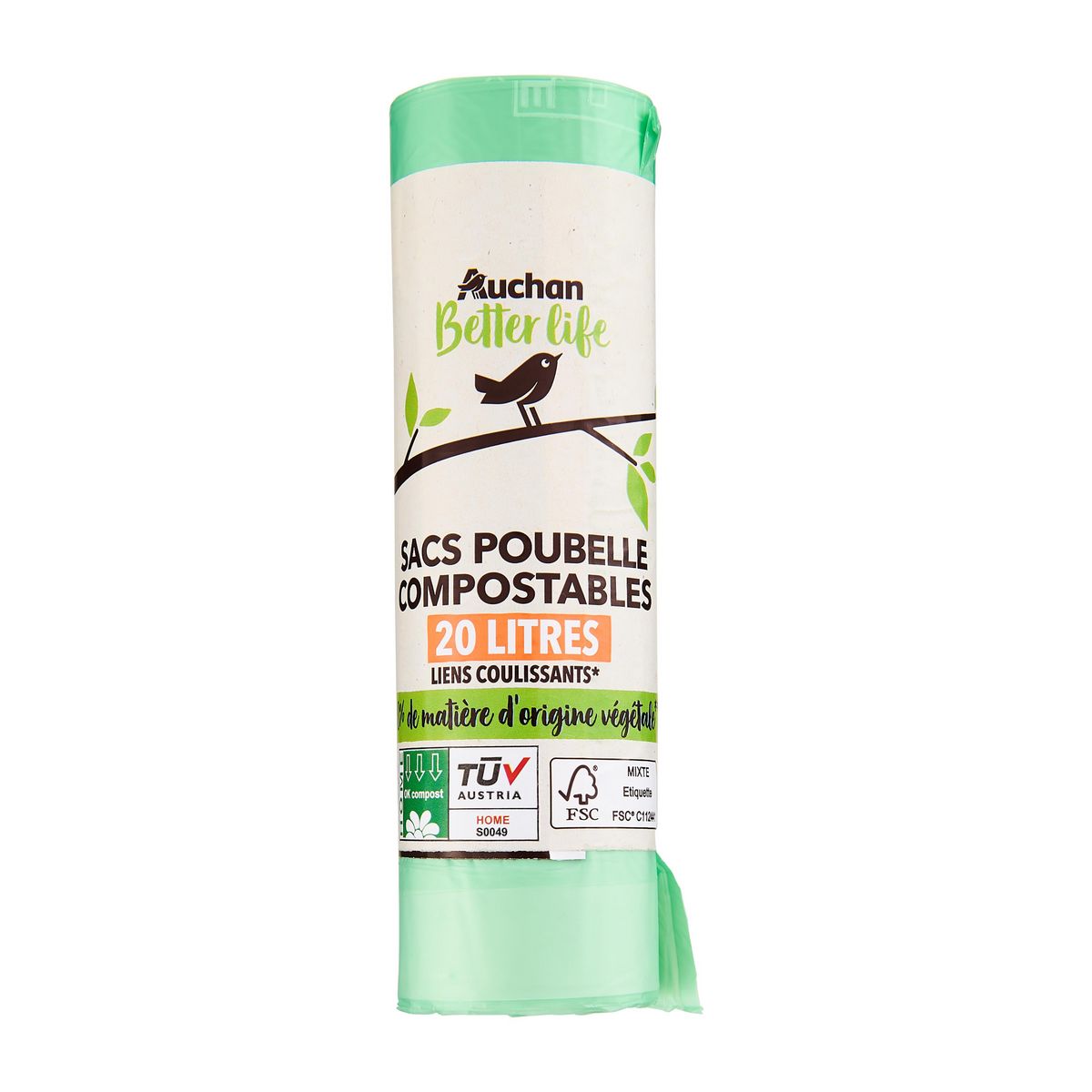 AUCHAN BETTER LIFE Sacs poubelle compostables à liens coulissants 20L 15 sacs