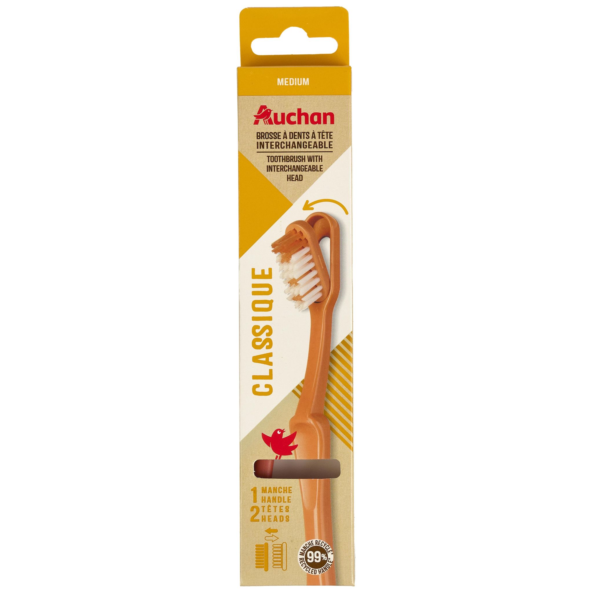 Voir la diapositive 3 : AUCHAN Brosse à dents à tête interchangeable classique 1 manche + 2 têtes