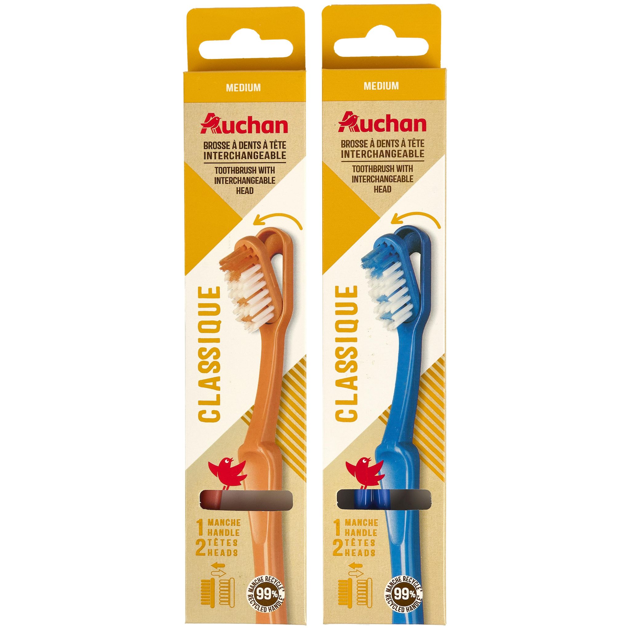 Voir la diapositive 4 : AUCHAN Brosse à dents à tête interchangeable classique 1 manche + 2 têtes