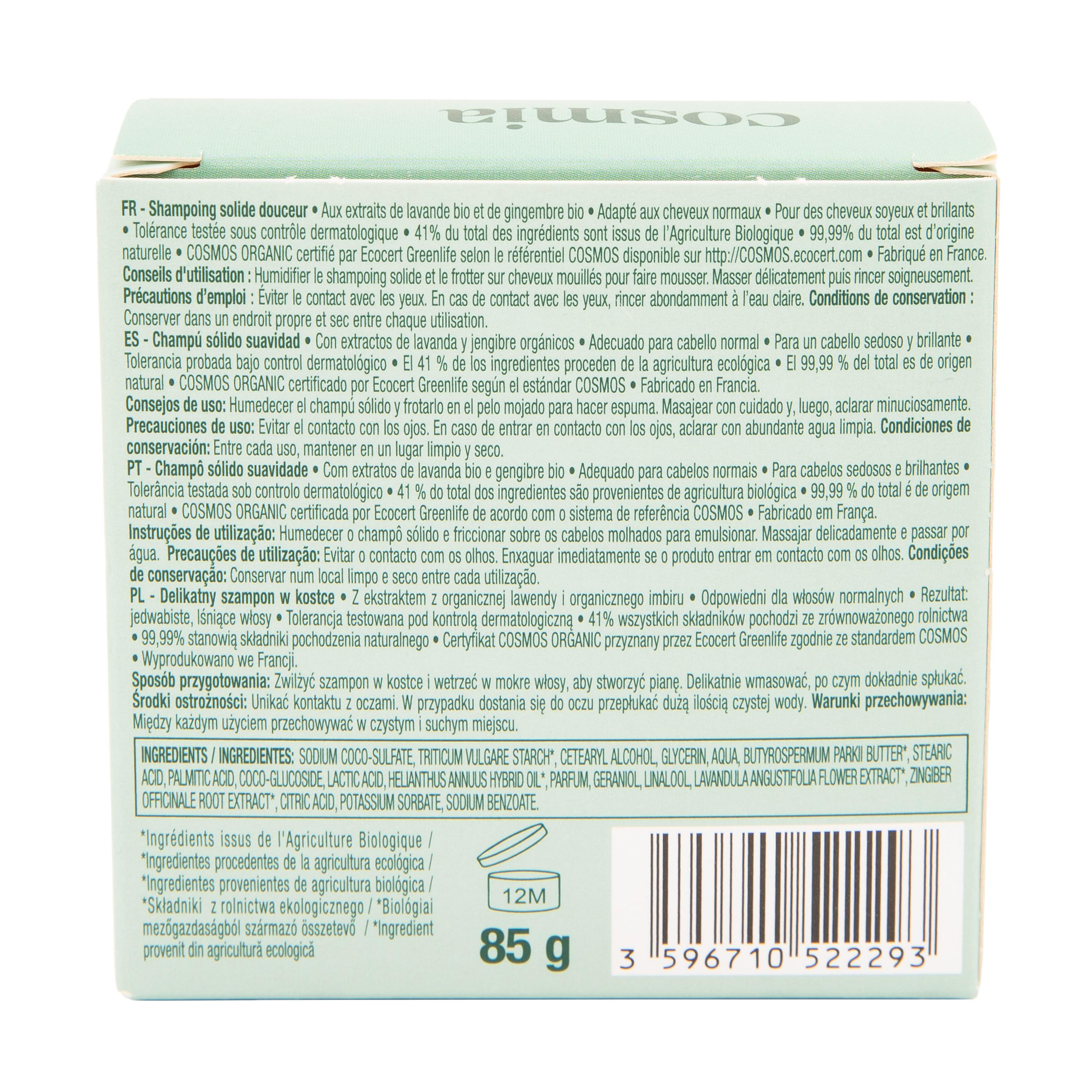 Voir la diapositive 2 : COSMIA BIO Shampooing solide aux extraits de lavande et gingembre cheveux normaux 85g