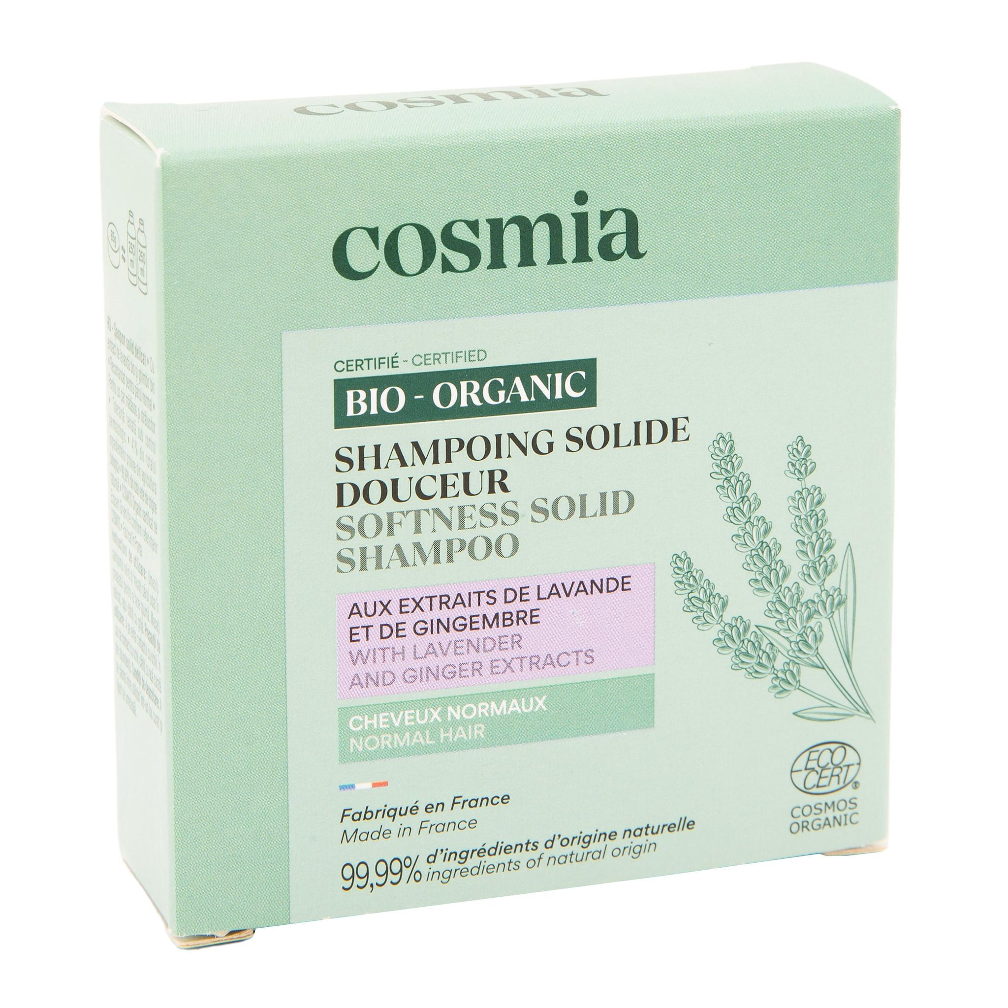 Voir la diapositive 2 : COSMIA BIO Shampooing solide aux extraits de lavande et gingembre cheveux normaux 85g