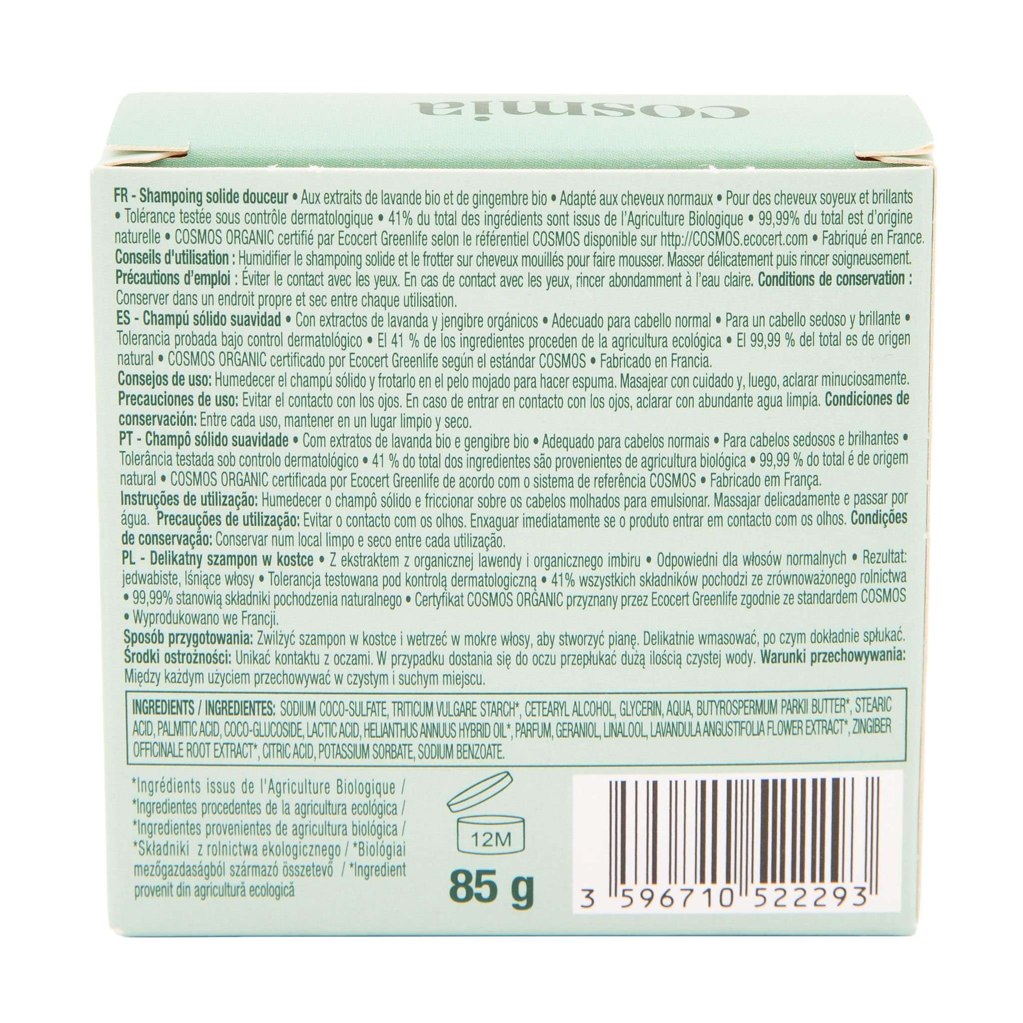 Voir la diapositive 3 : COSMIA BIO Shampooing solide aux extraits de lavande et gingembre cheveux normaux 85g